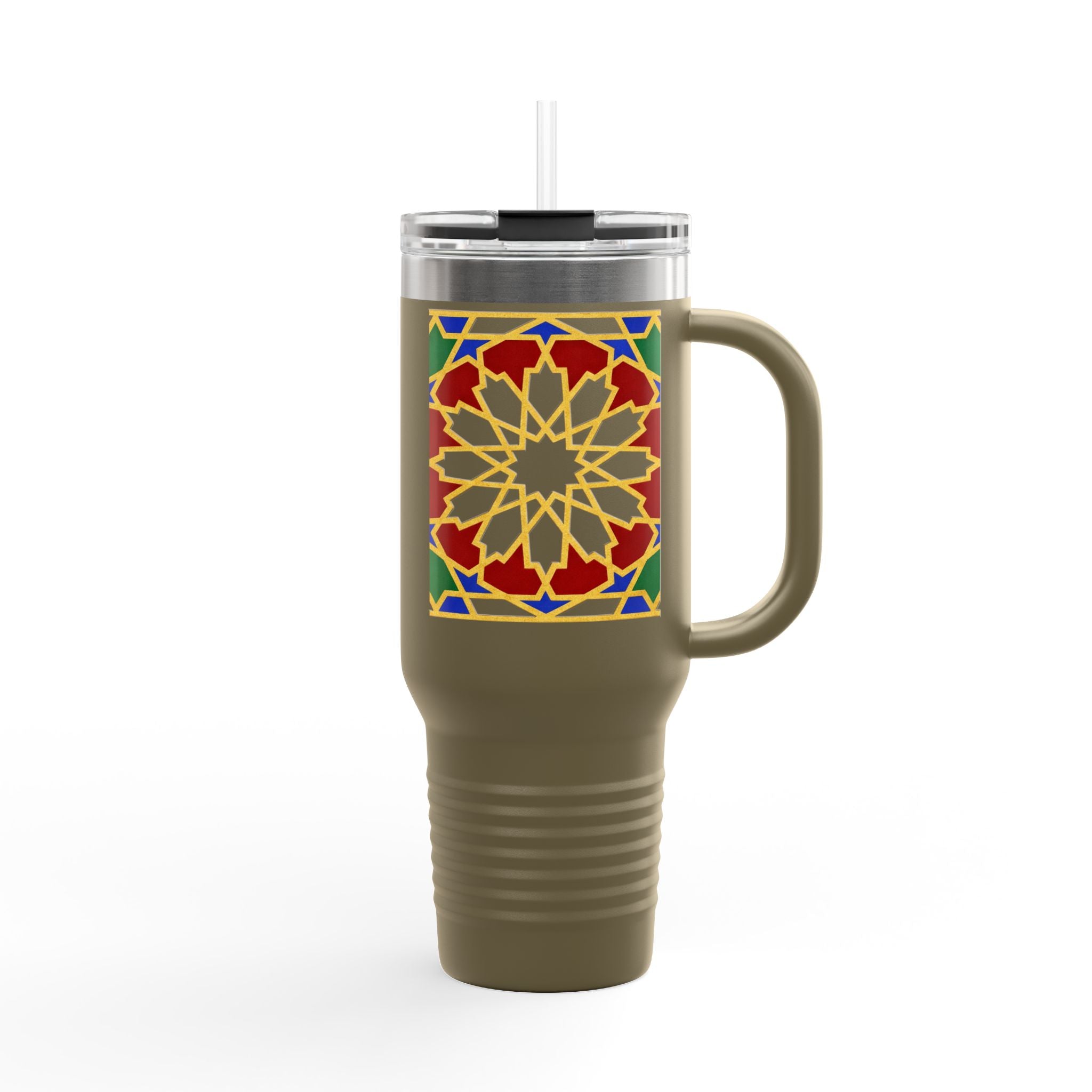 Moroccan Tile Floral Pattern Insulated Travel Mug 40oz | Boho Geometric Drink Tumbler