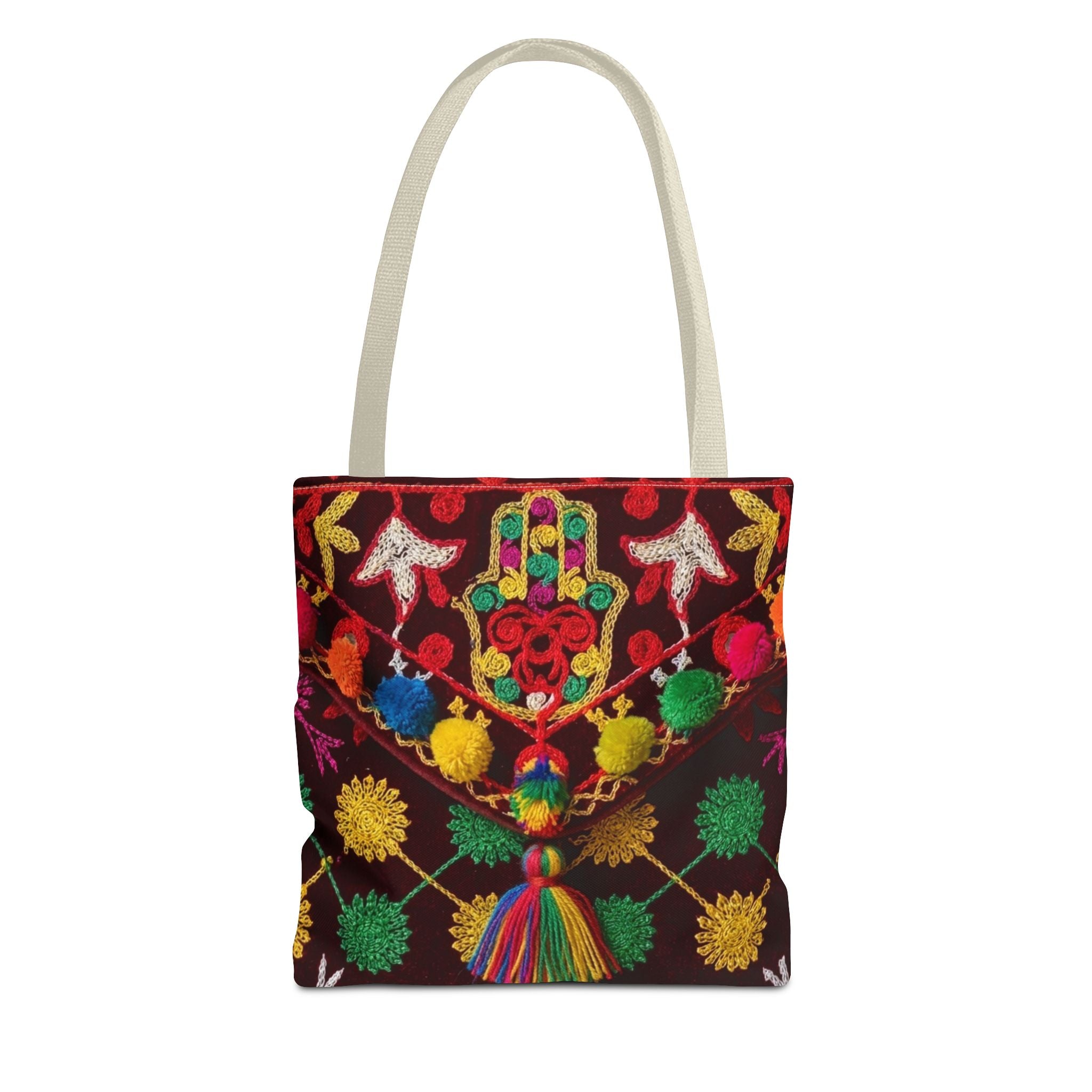 Colorful Hamsa Hand Pom Pom Pattern Tote Bag | Boho Embroidered Style