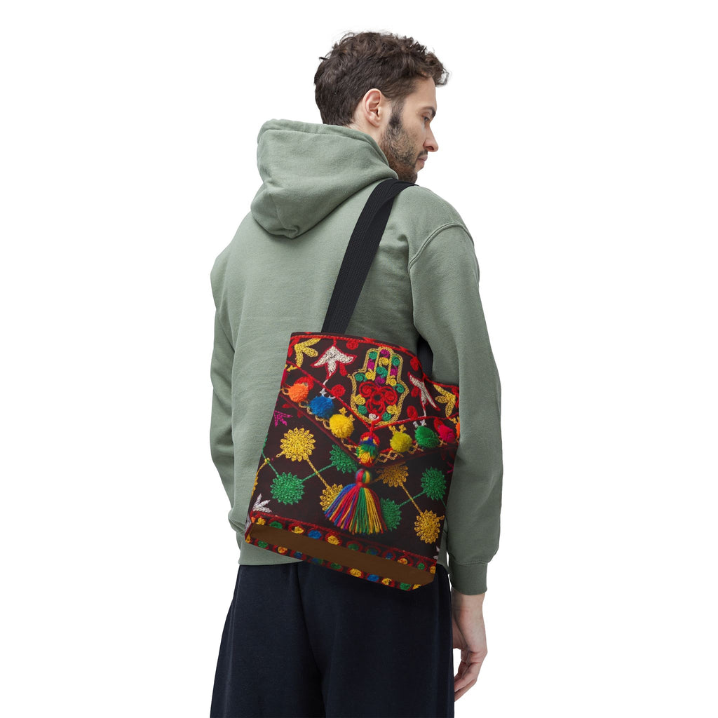 Colorful Hamsa Hand Pom Pom Pattern Tote Bag | Boho Embroidered Style