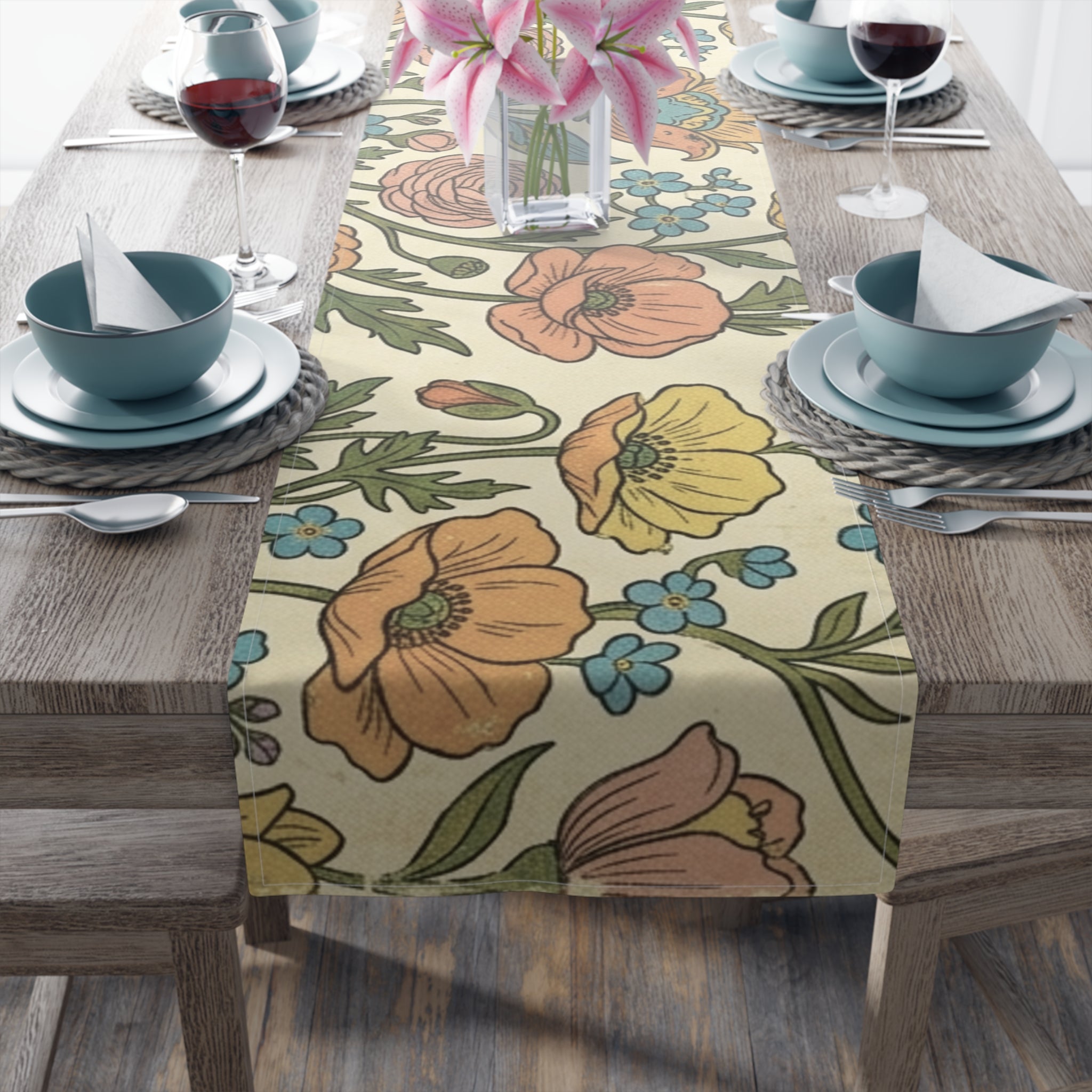 Vintage Floral Spring Table Runner | Poppy & Rose Botanical Design