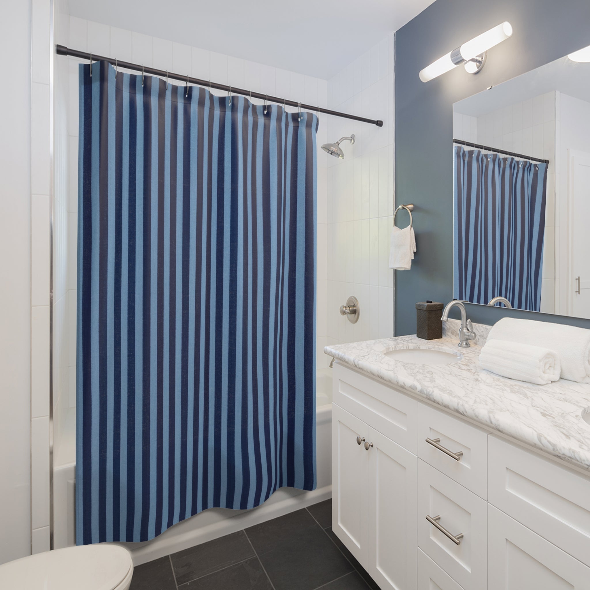 Navy and Light Blue Vertical Stripes Shower Curtain | Modern Bathroom Decor