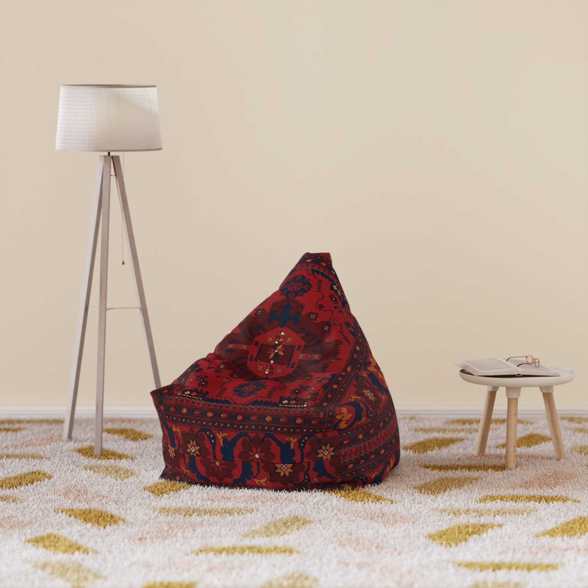 Red Persian Pattern Bean Bag, Boho Kilim Floor Pouf Cover