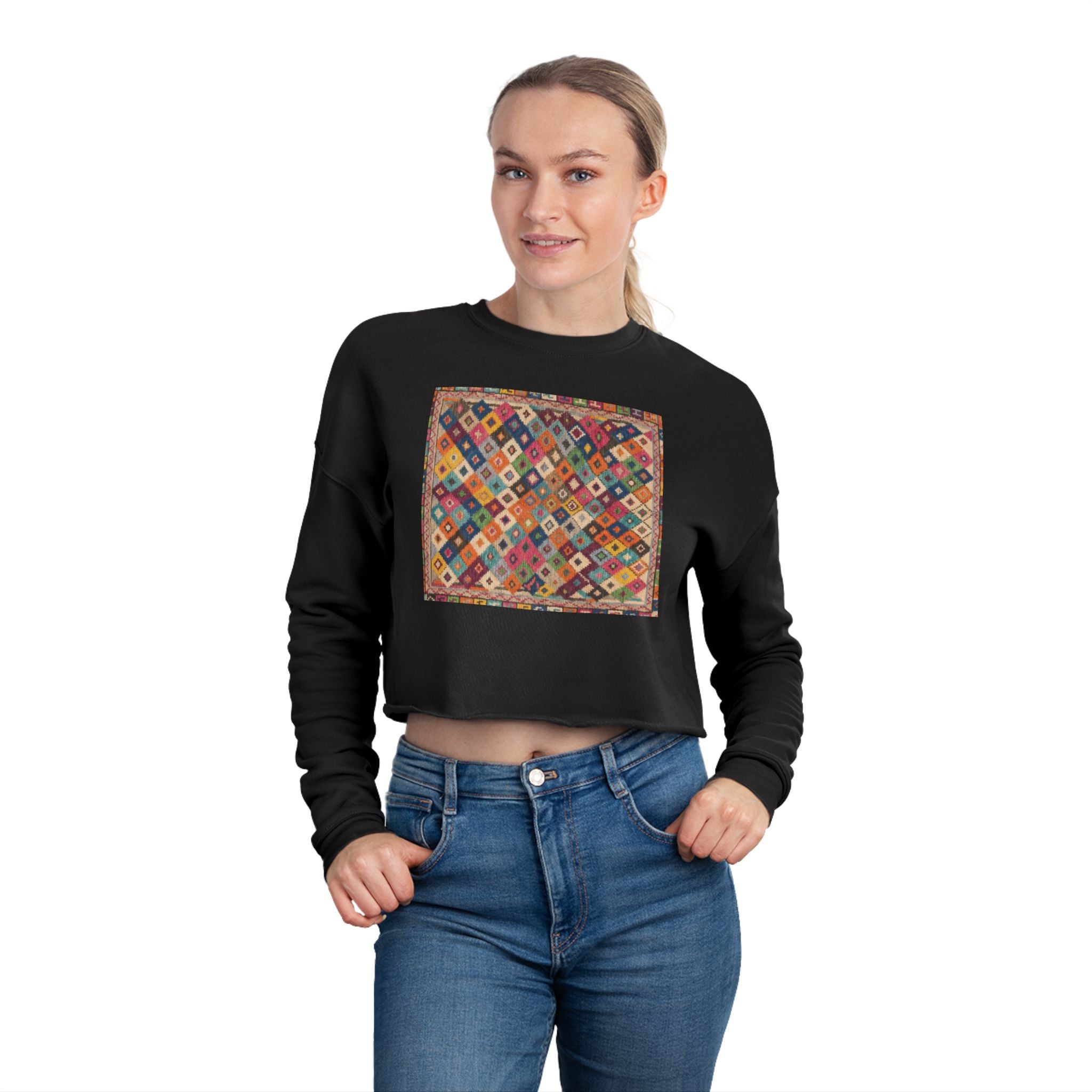 Colorful Patchwork Quilt Cropped Sweatshirt | Boho Geometric Pattern