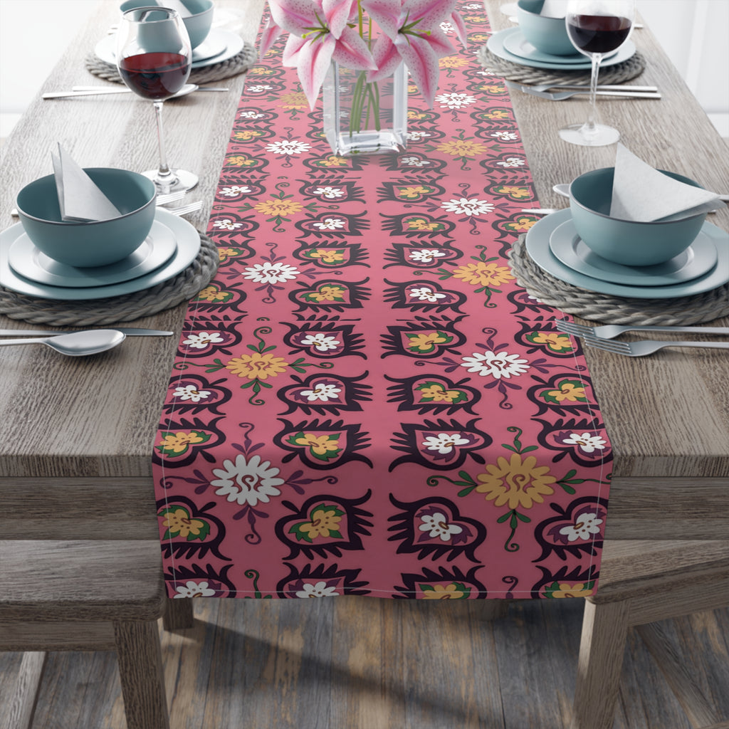 Pink Floral Pattern Table Runner | Boho Hearts Motif