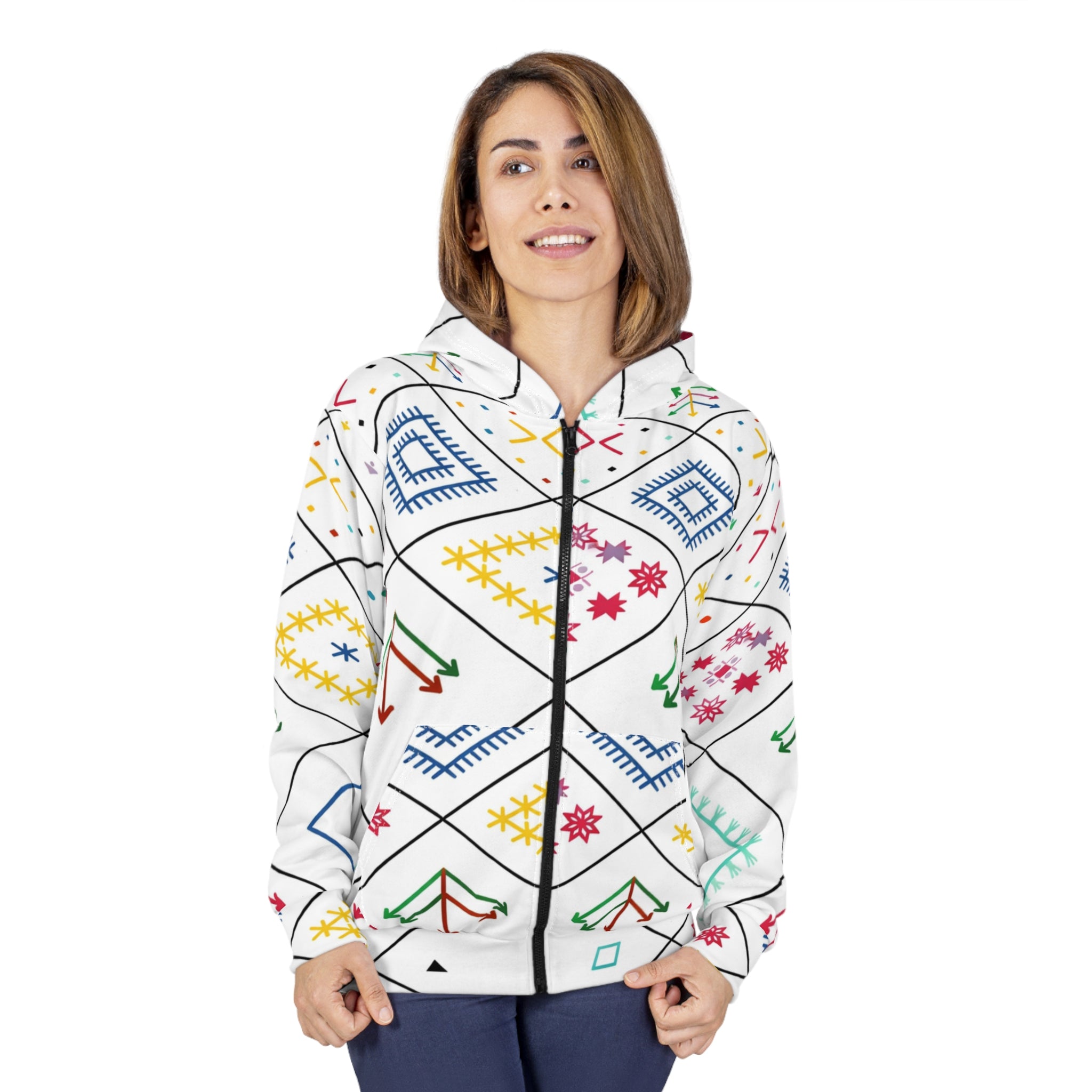 Colorful Geometric Folk Pattern Zip Hoodie | All-Over Print
