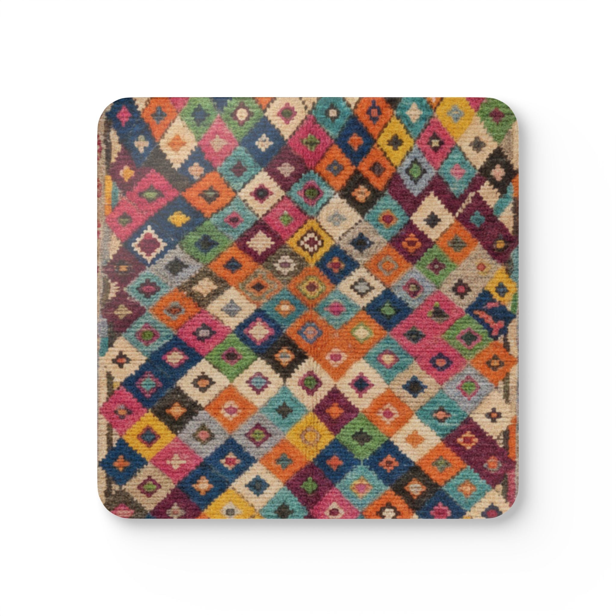 Boho Diamond Pattern Corkwood Coaster Set | Colorful Kilim Tile Coasters