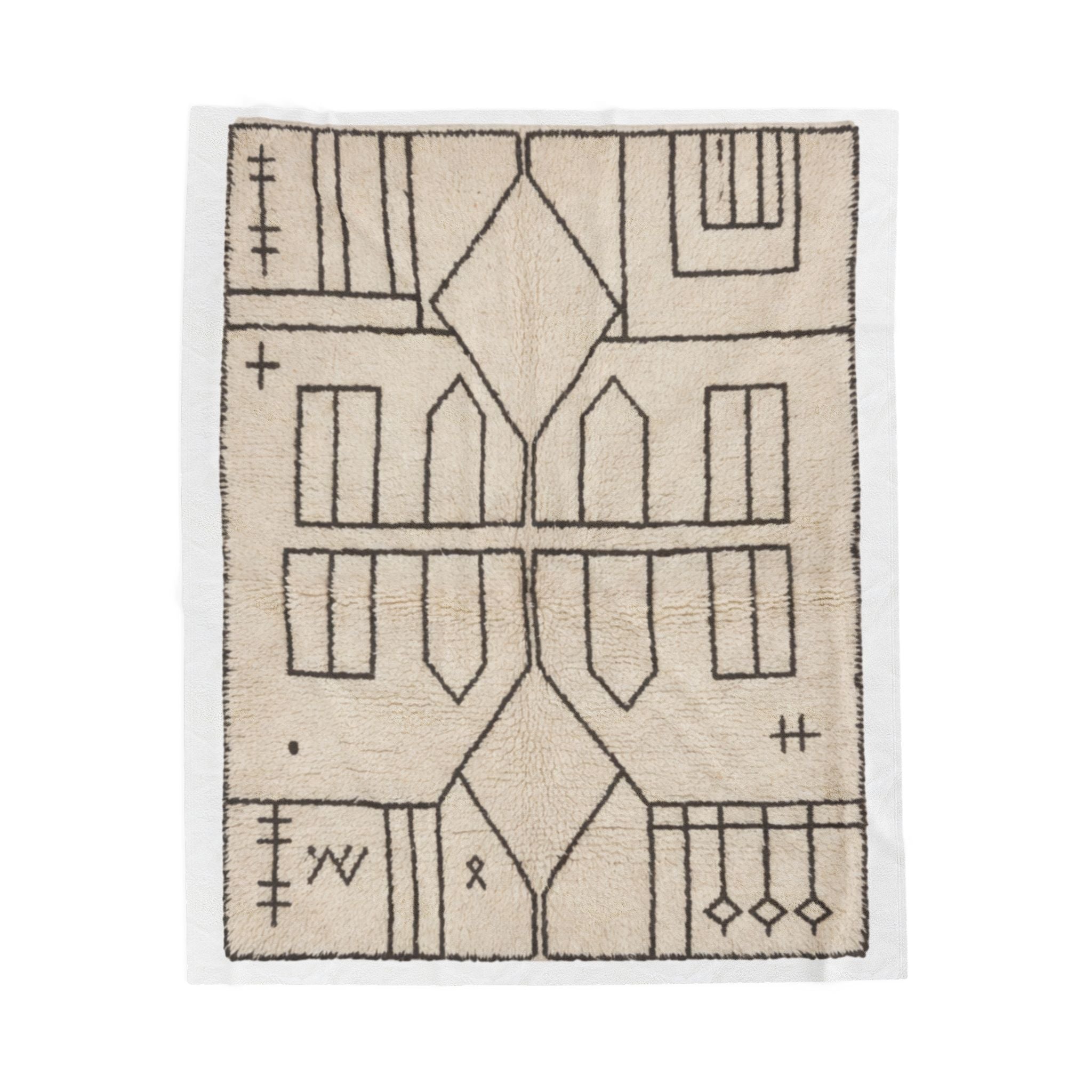 Neutral Geometric Tribal Pattern Velveteen Plush Blanket | Boho Minimalist Throw