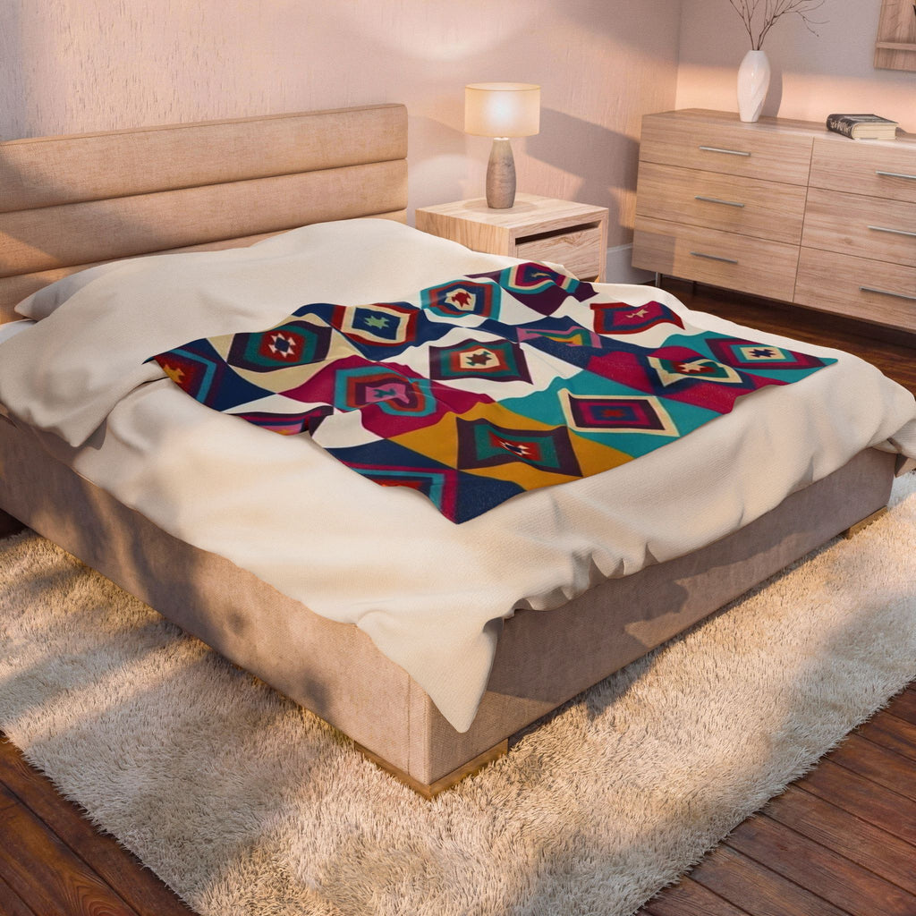Southwestern Diamond Pattern Velveteen Plush Blanket | Colorful Geometric Throw