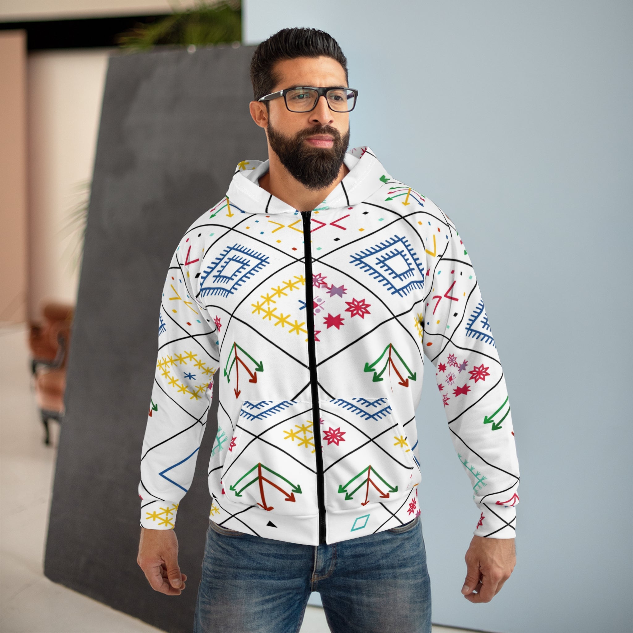 Colorful Geometric Folk Pattern Zip Hoodie | All-Over Print
