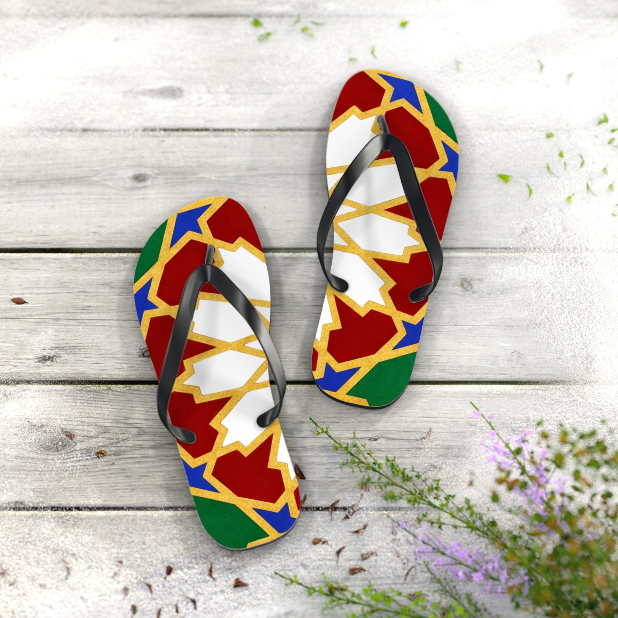 Moroccan Tile Pattern Flip Flops | Colorful Geometric Sandals
