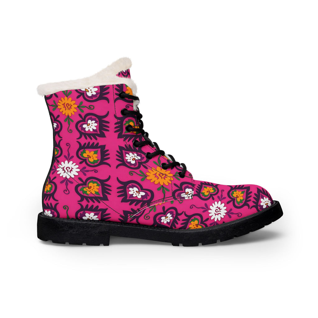 Pink Floral Pattern Boots | Fur Lined Leather Combat Boots