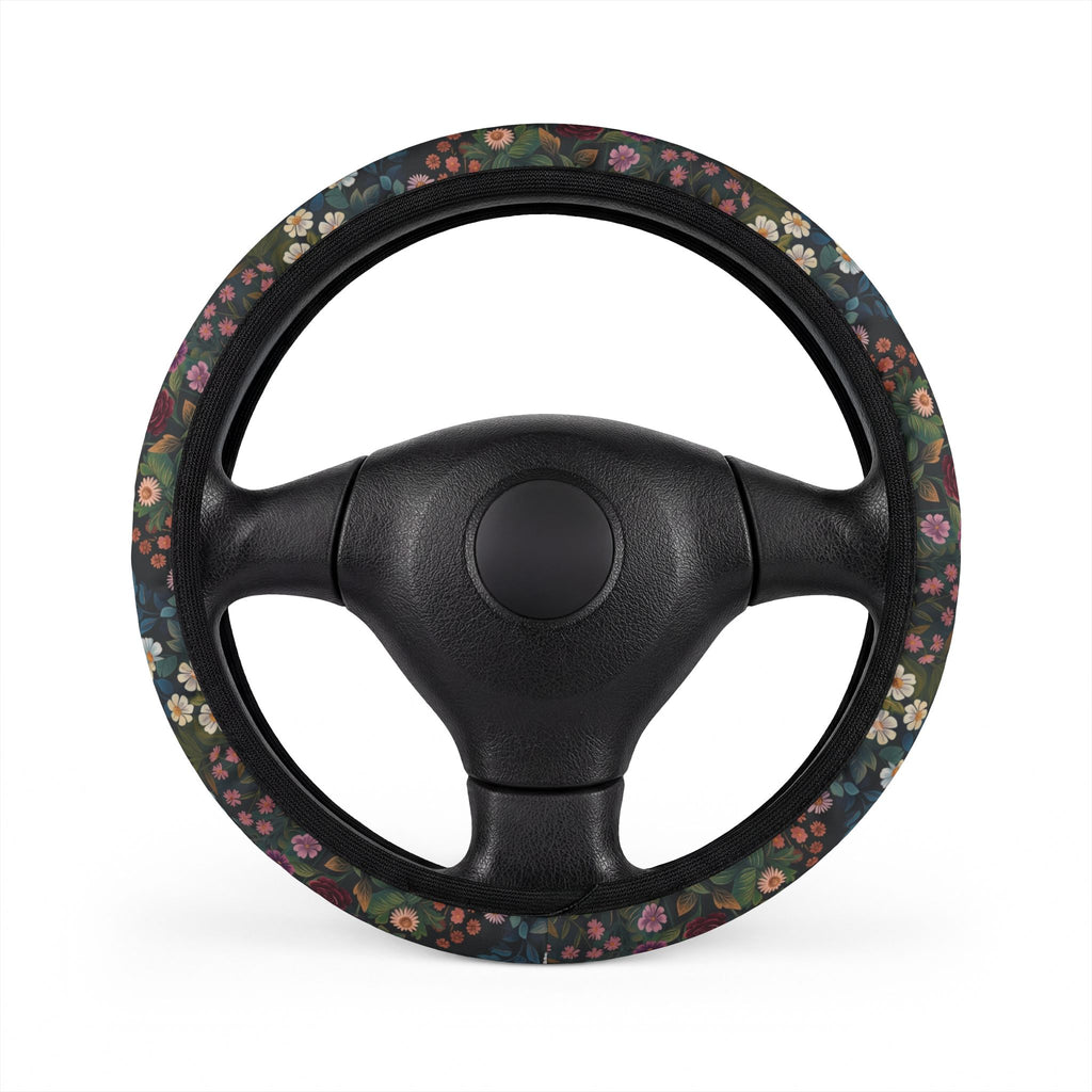 Vintage Floral Pattern Car Steering Wheel Cover | Dark Botanical Blooms