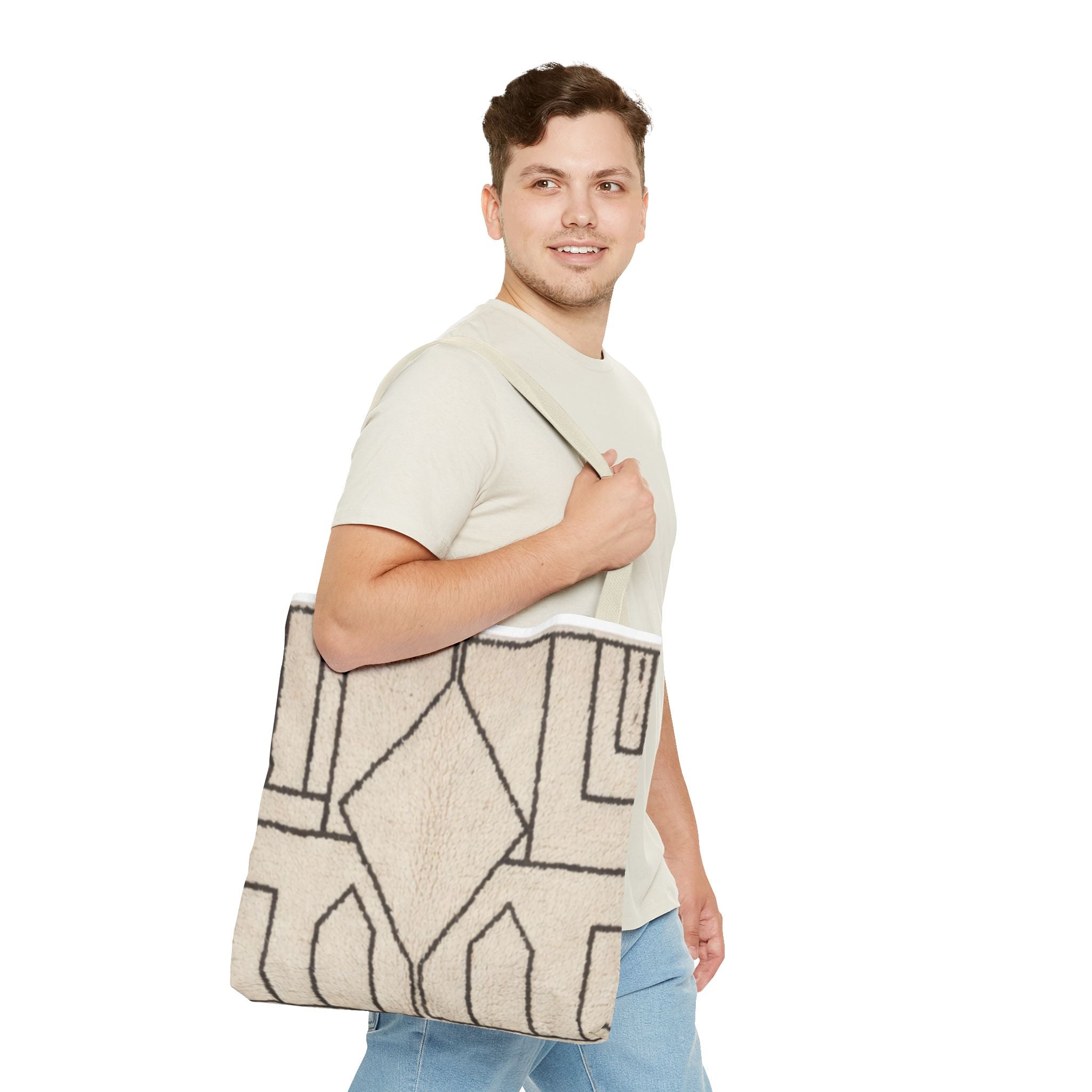 Neutral Geometric Diamond Pattern Tote Bag | Minimal Line Art