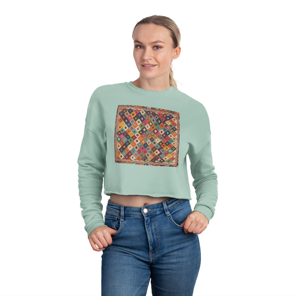Colorful Patchwork Quilt Cropped Sweatshirt | Boho Geometric Pattern