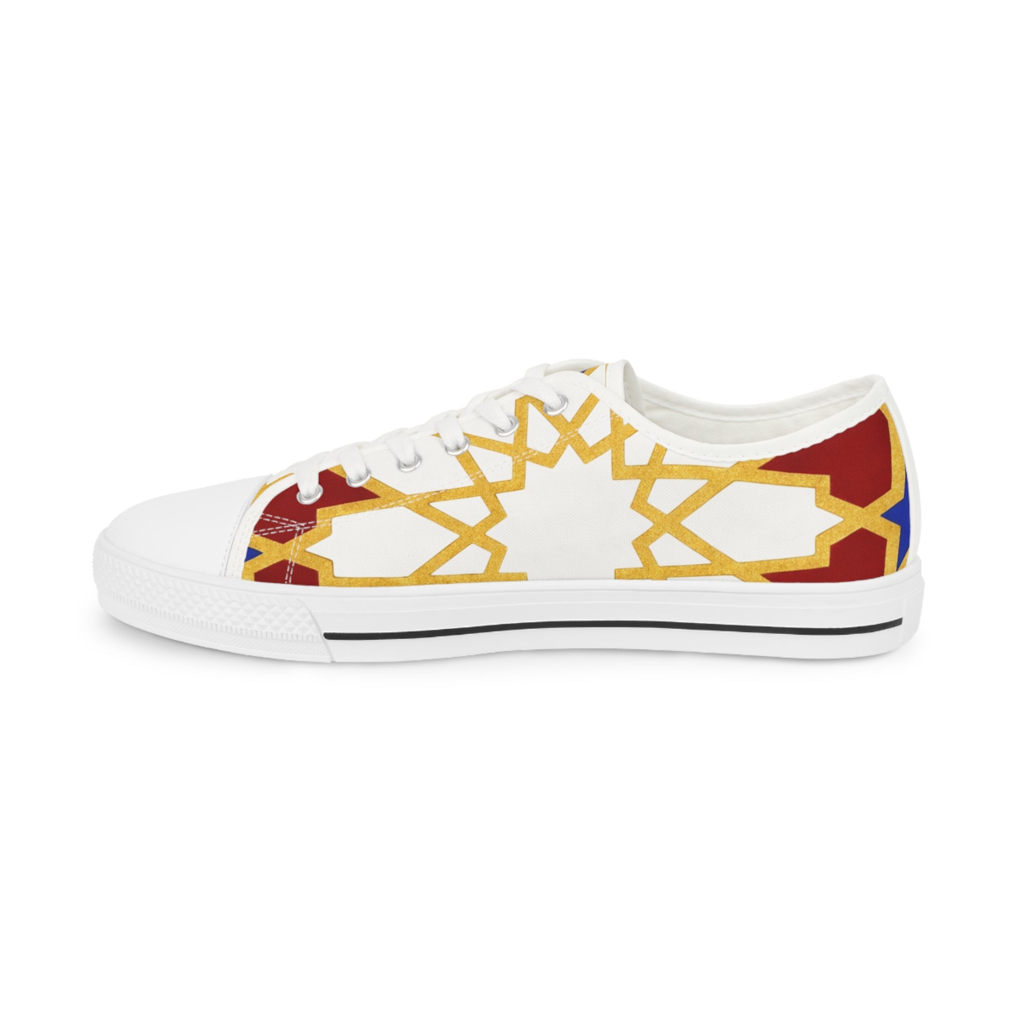 Geometric Starburst Pattern Men's Low Top Sneakers | Gold Red Blue
