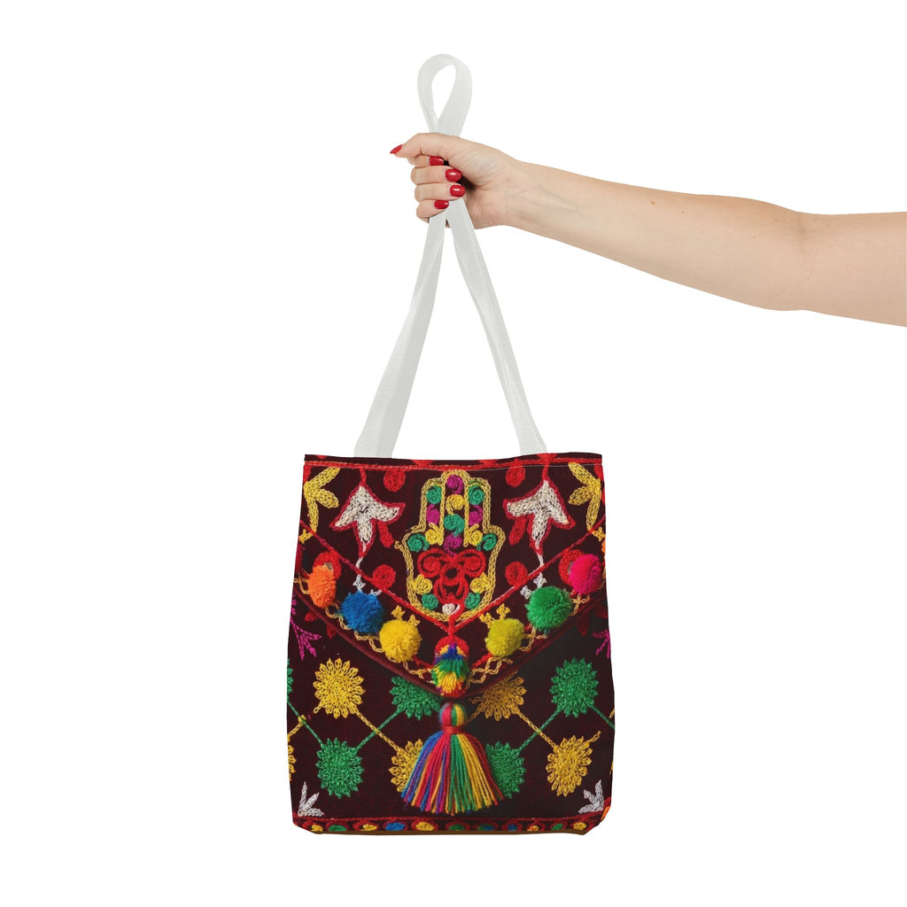 Colorful Hamsa Hand Pom Pom Pattern Tote Bag | Boho Embroidered Style