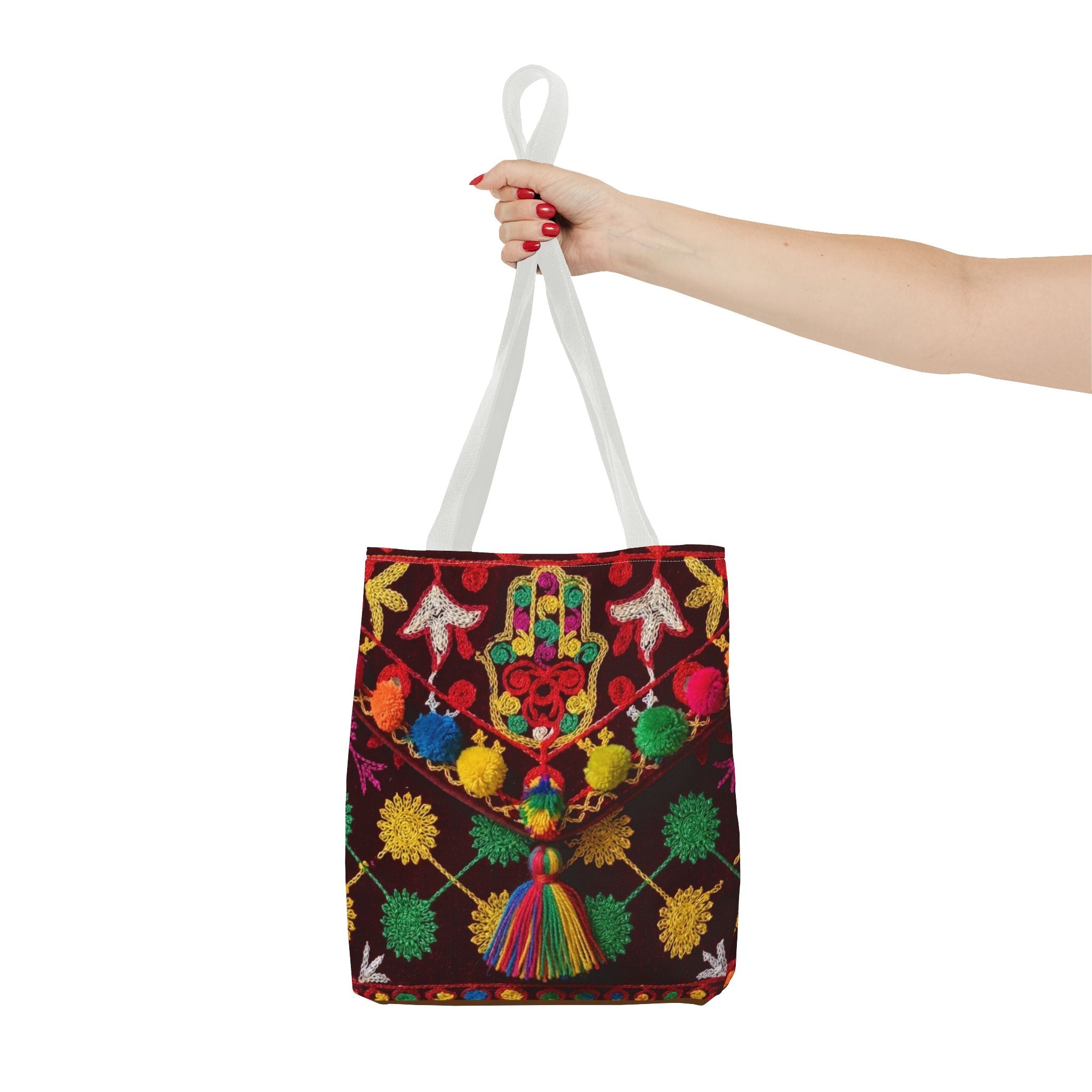 Colorful Hamsa Hand Pom Pom Pattern Tote Bag | Boho Embroidered Style
