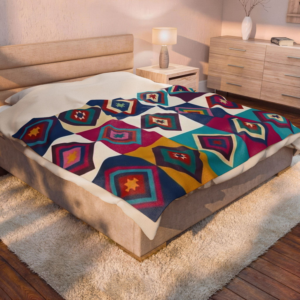 Southwestern Diamond Pattern Velveteen Plush Blanket | Colorful Geometric Throw