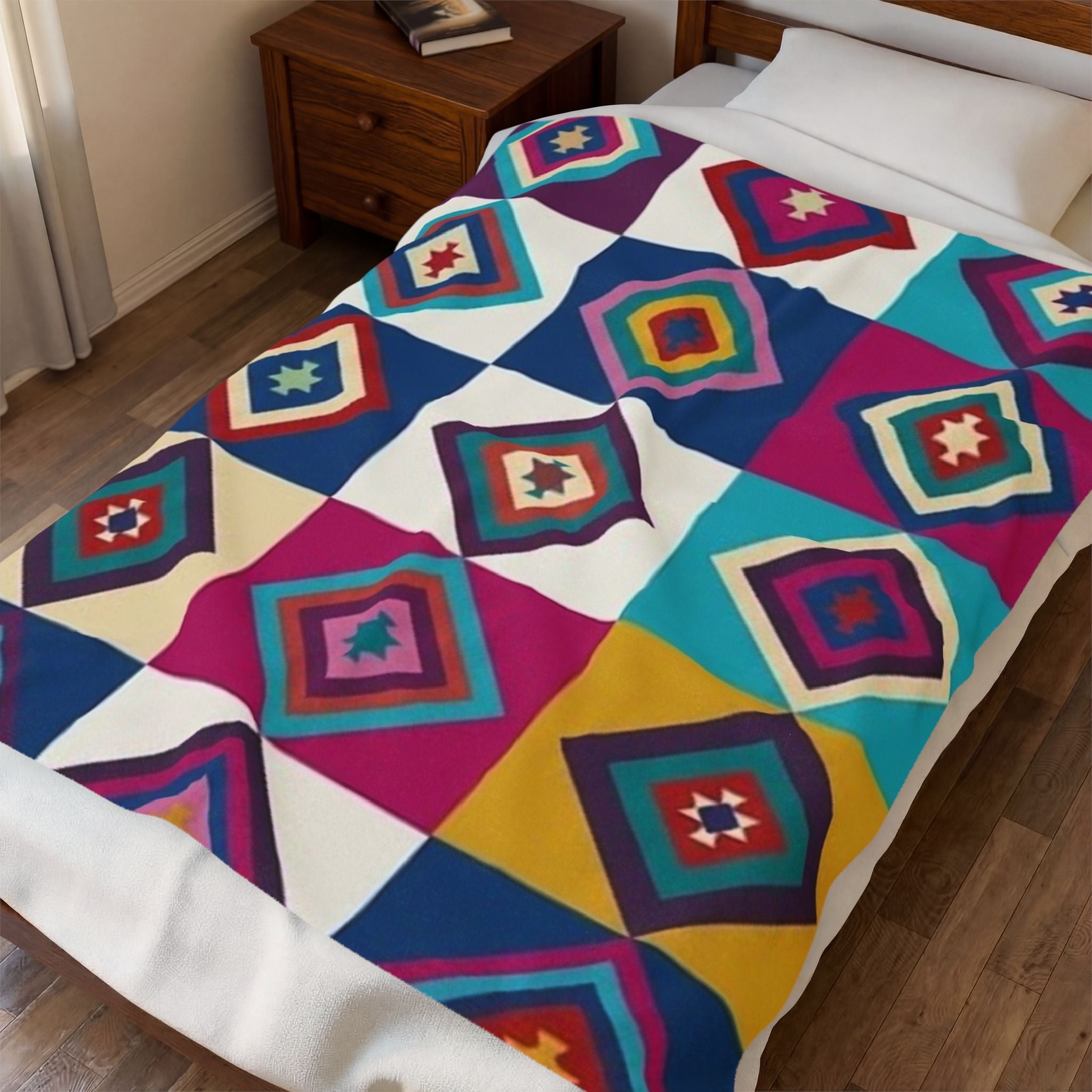 Southwestern Diamond Pattern Velveteen Plush Blanket | Colorful Geometric Throw