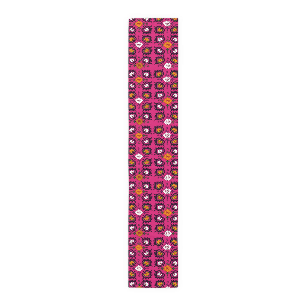 Pink Floral Pattern Table Runner | Boho Hearts Motif
