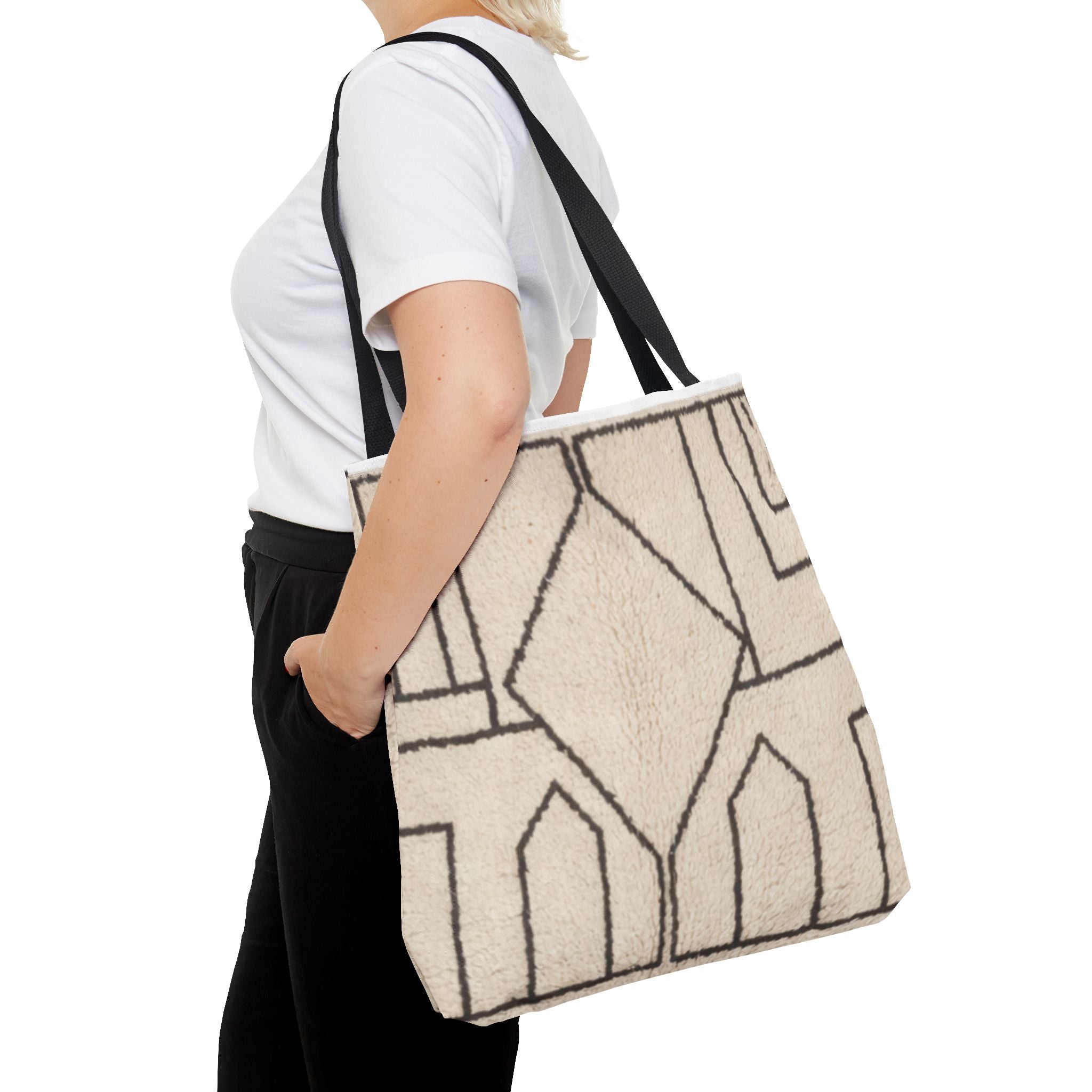 Neutral Geometric Diamond Pattern Tote Bag | Minimal Line Art