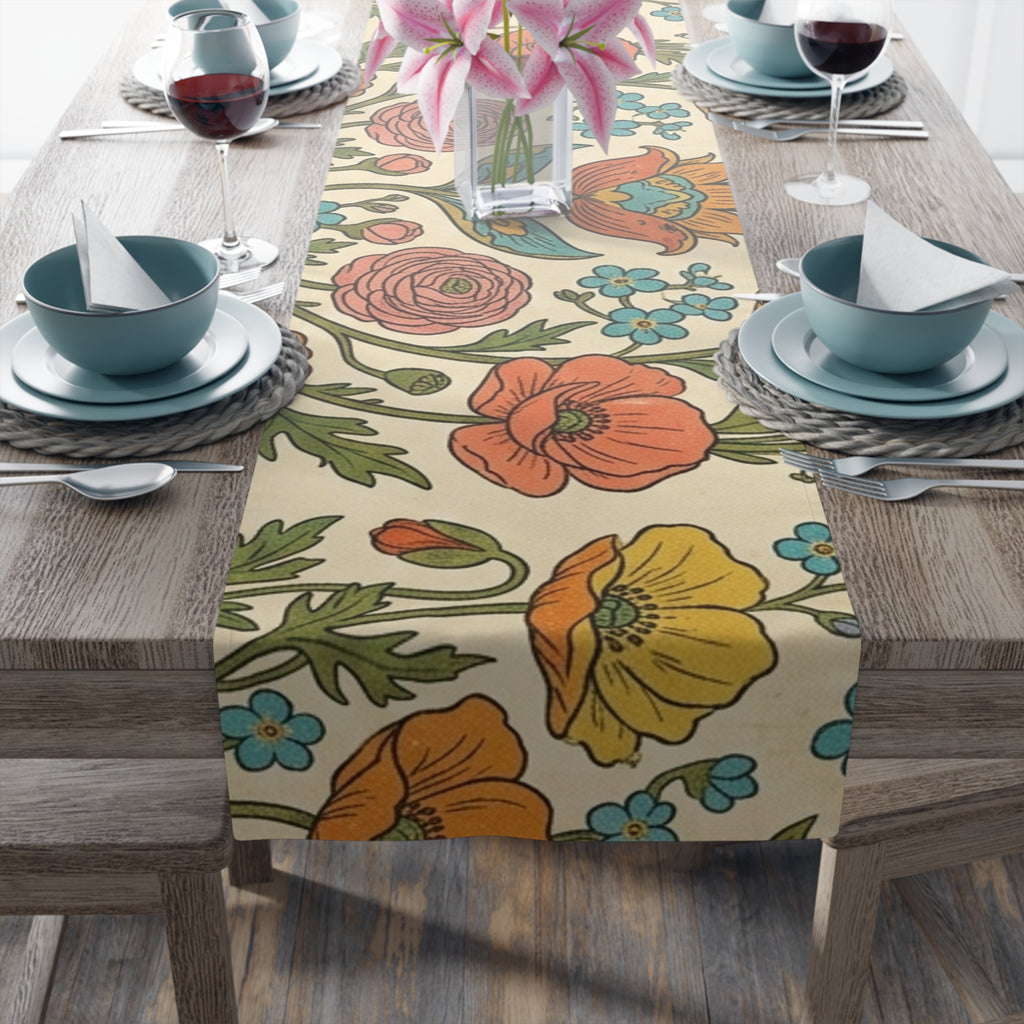 Vintage Floral Spring Table Runner | Poppy & Rose Botanical Design