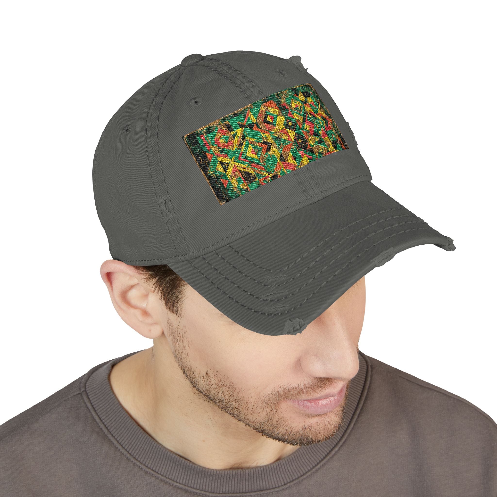 Abstract Colorful Geometric Embroidery Dad Hat | Distressed Patch Cap