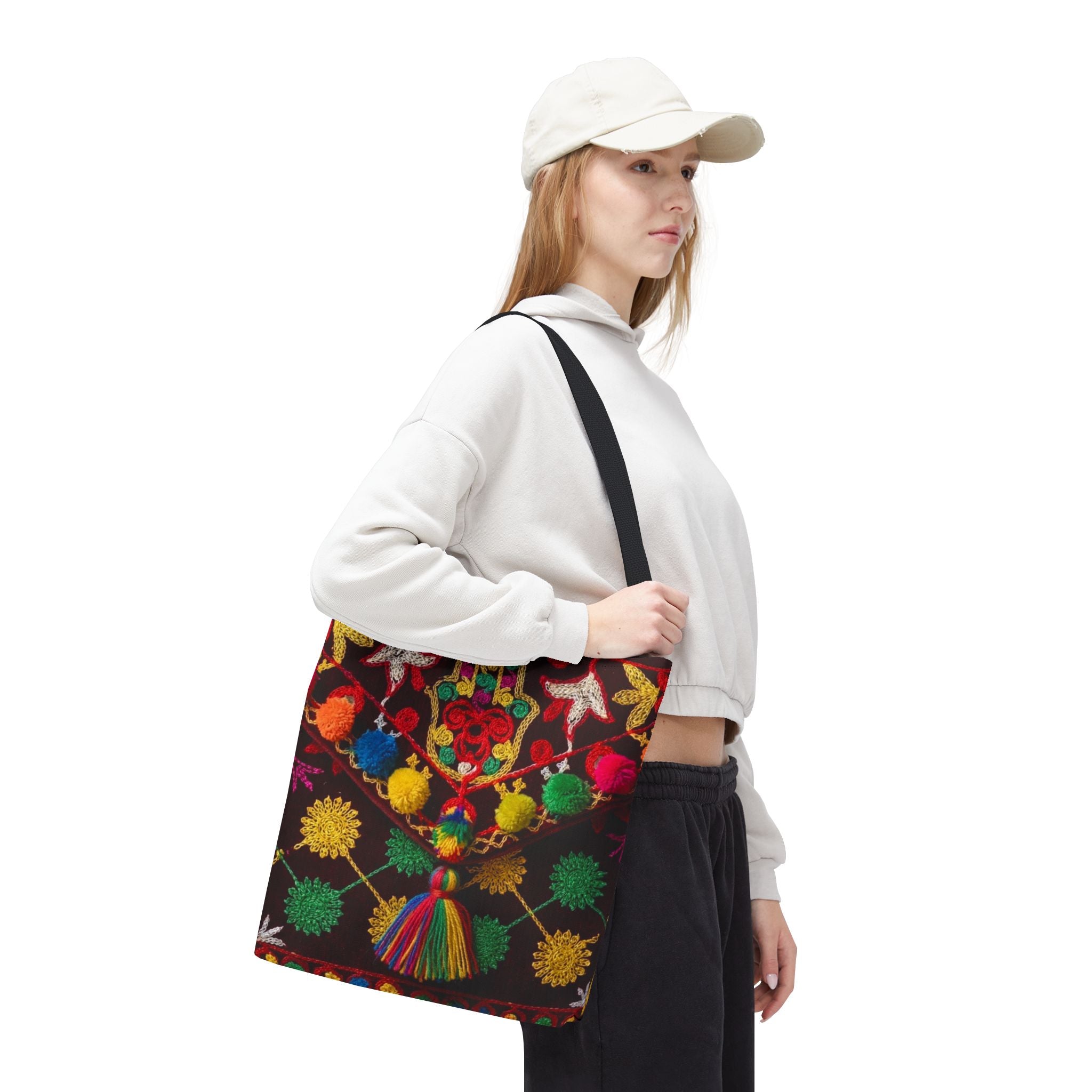 Marrakech Colors Tote Bag | Colorful Pom Pom Boho Print