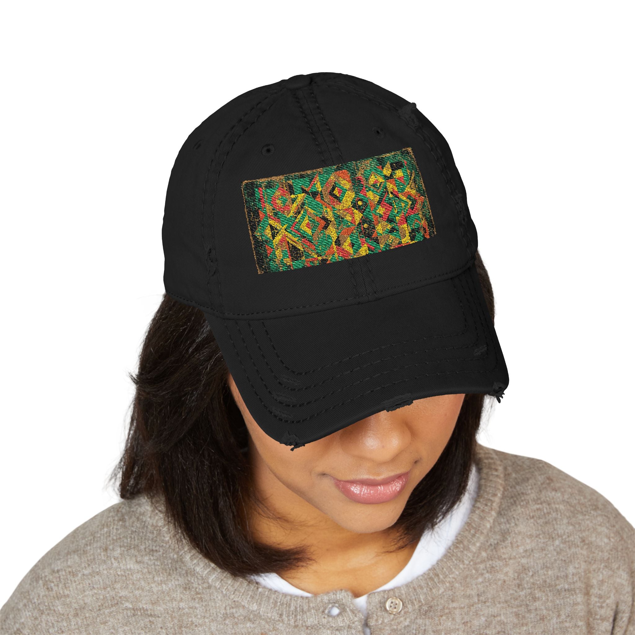 Abstract Colorful Geometric Embroidery Dad Hat | Distressed Patch Cap