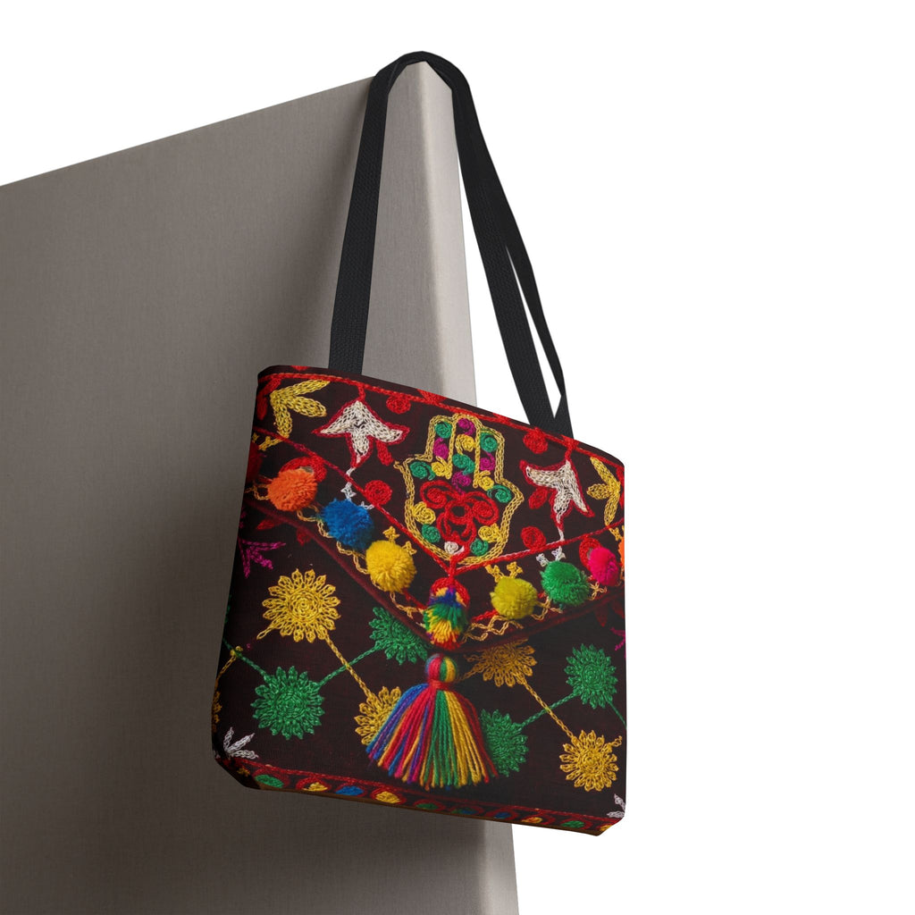 Colorful Hamsa Hand Pom Pom Pattern Tote Bag | Boho Embroidered Style