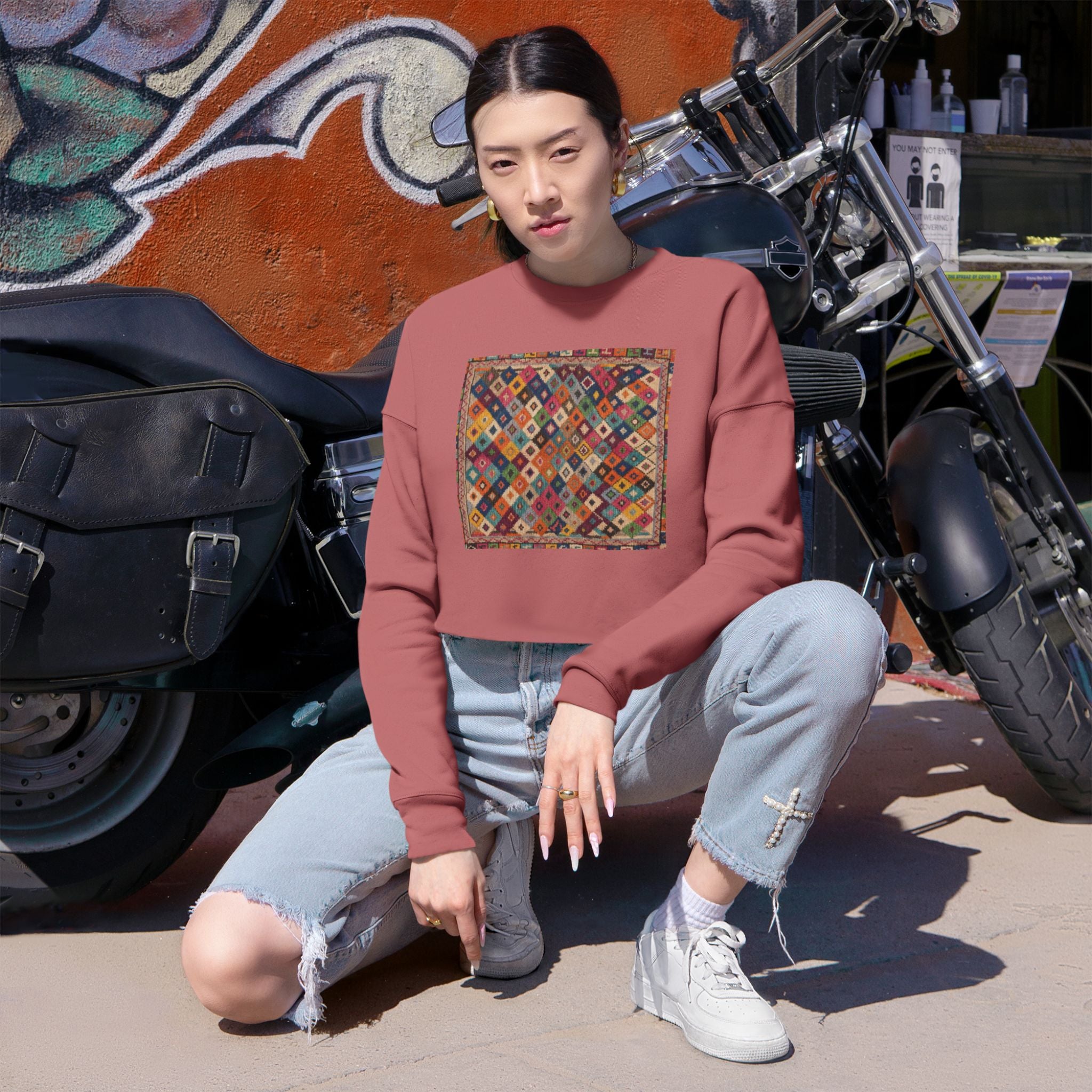 Colorful Patchwork Quilt Cropped Sweatshirt | Boho Geometric Pattern