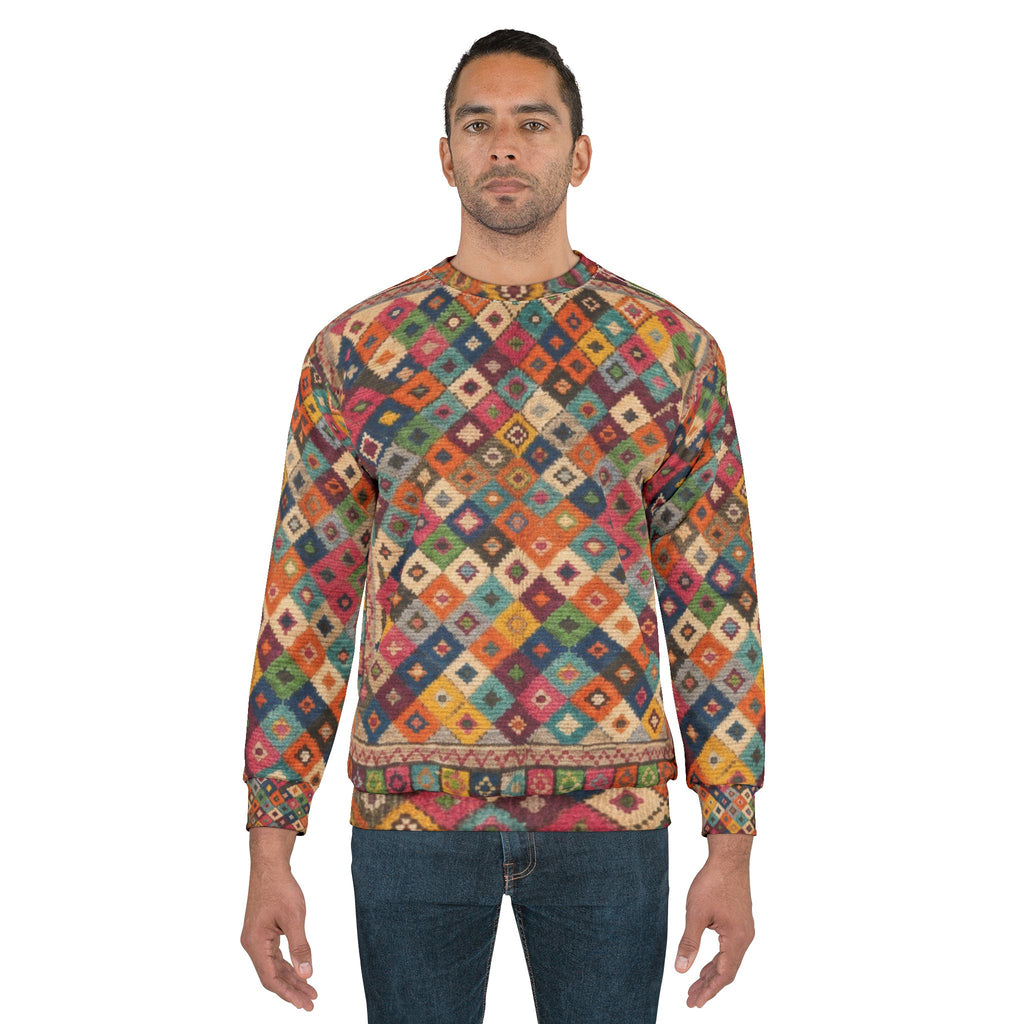 Colorful Kilim Diamond Pattern Sweatshirt | Bohemian Berber Tribal Allover Print