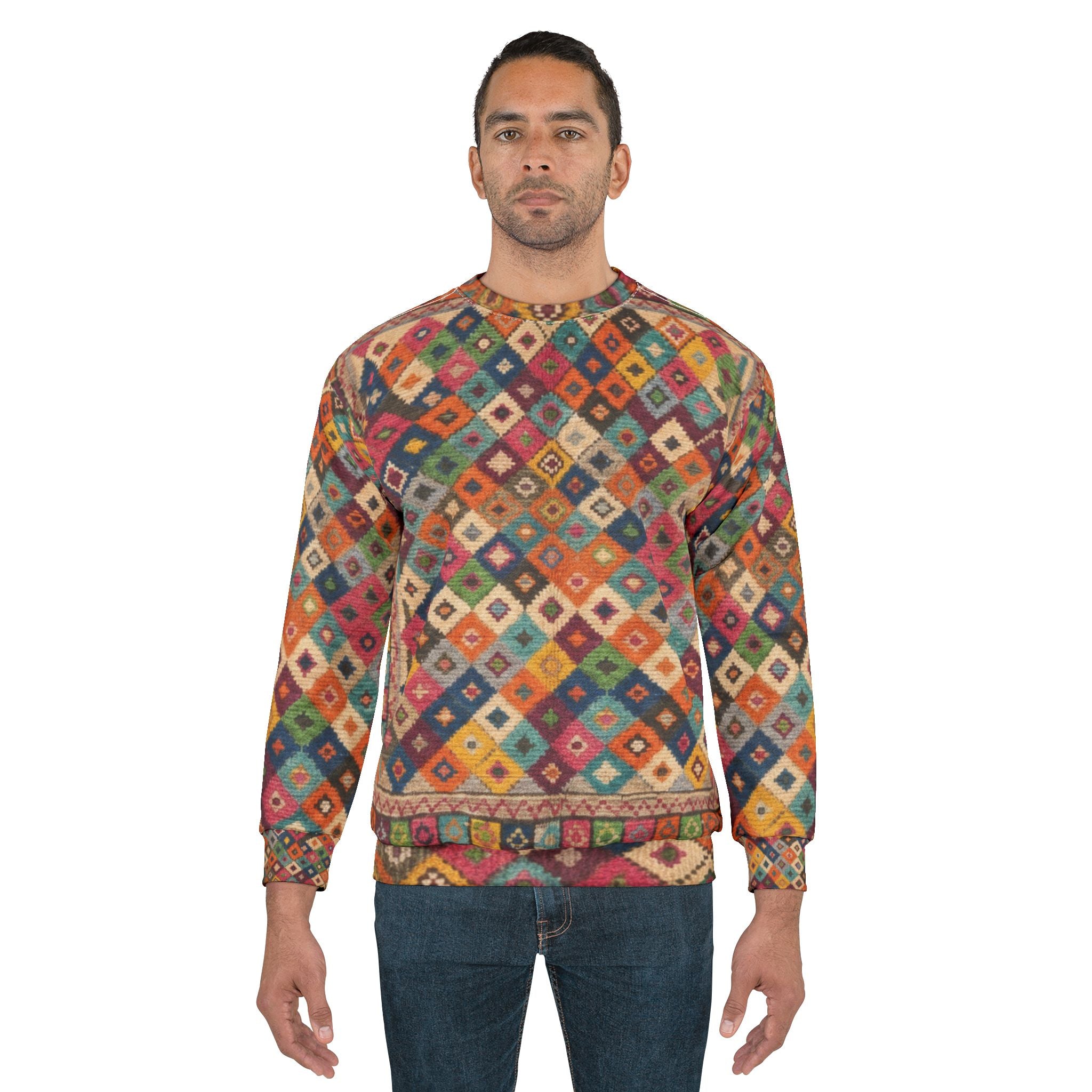 Colorful Kilim Diamond Pattern Sweatshirt | Bohemian Berber Tribal Allover Print