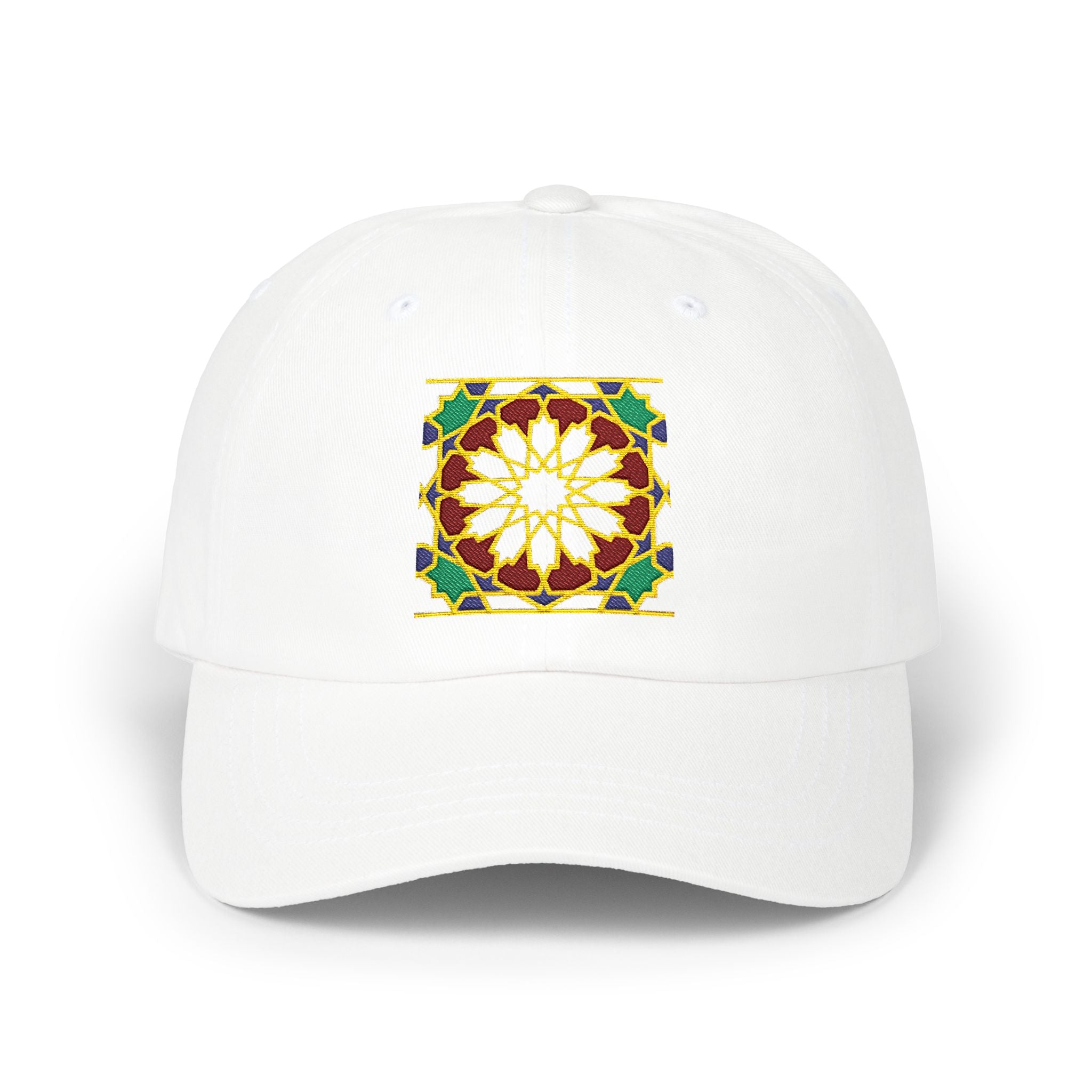 Floral Moroccan Mosaic Embroidered Dad Cap | White Cotton Baseball Hat