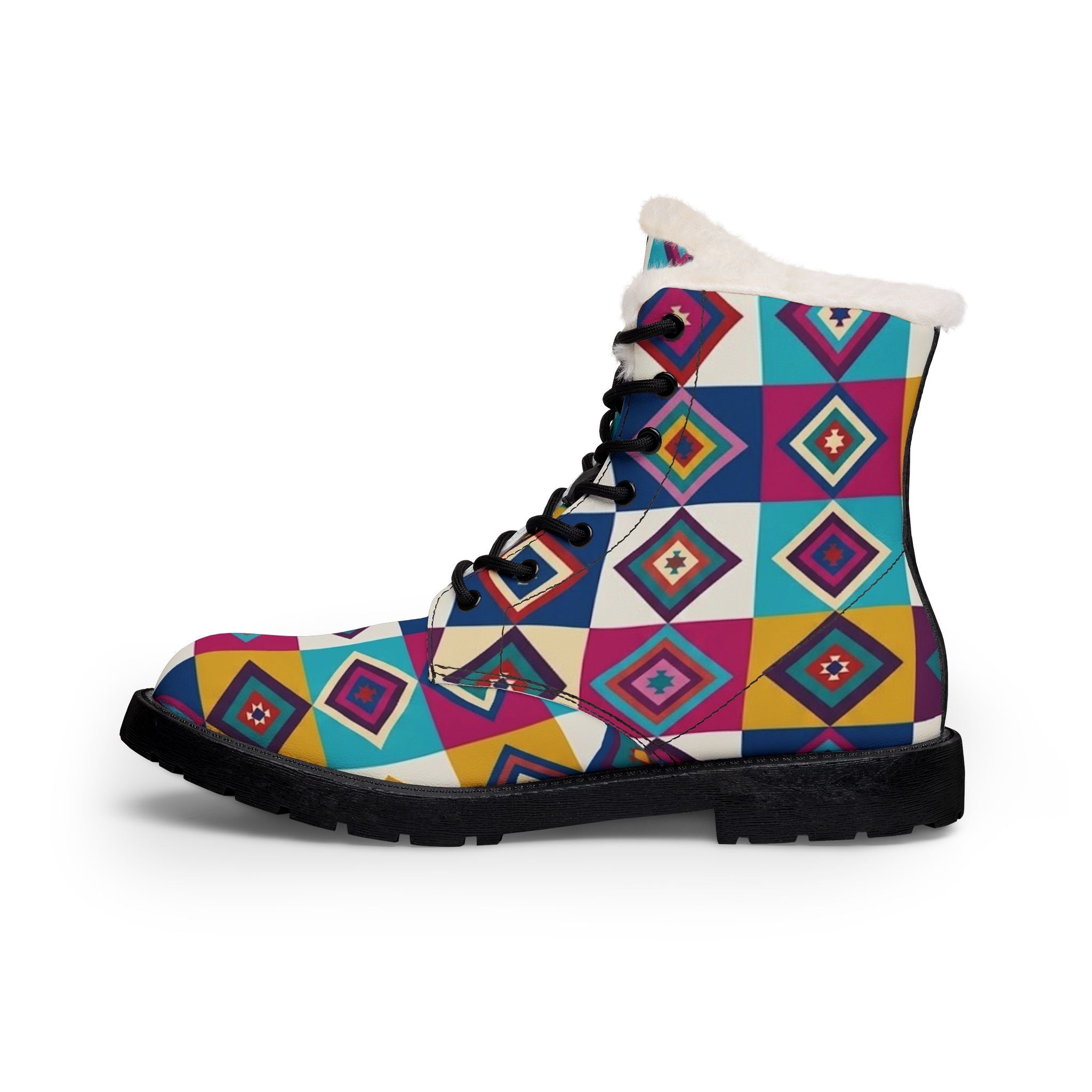 Colorful Geometric Diamond Pattern Boots | Women's Fur Lined Leather Boots