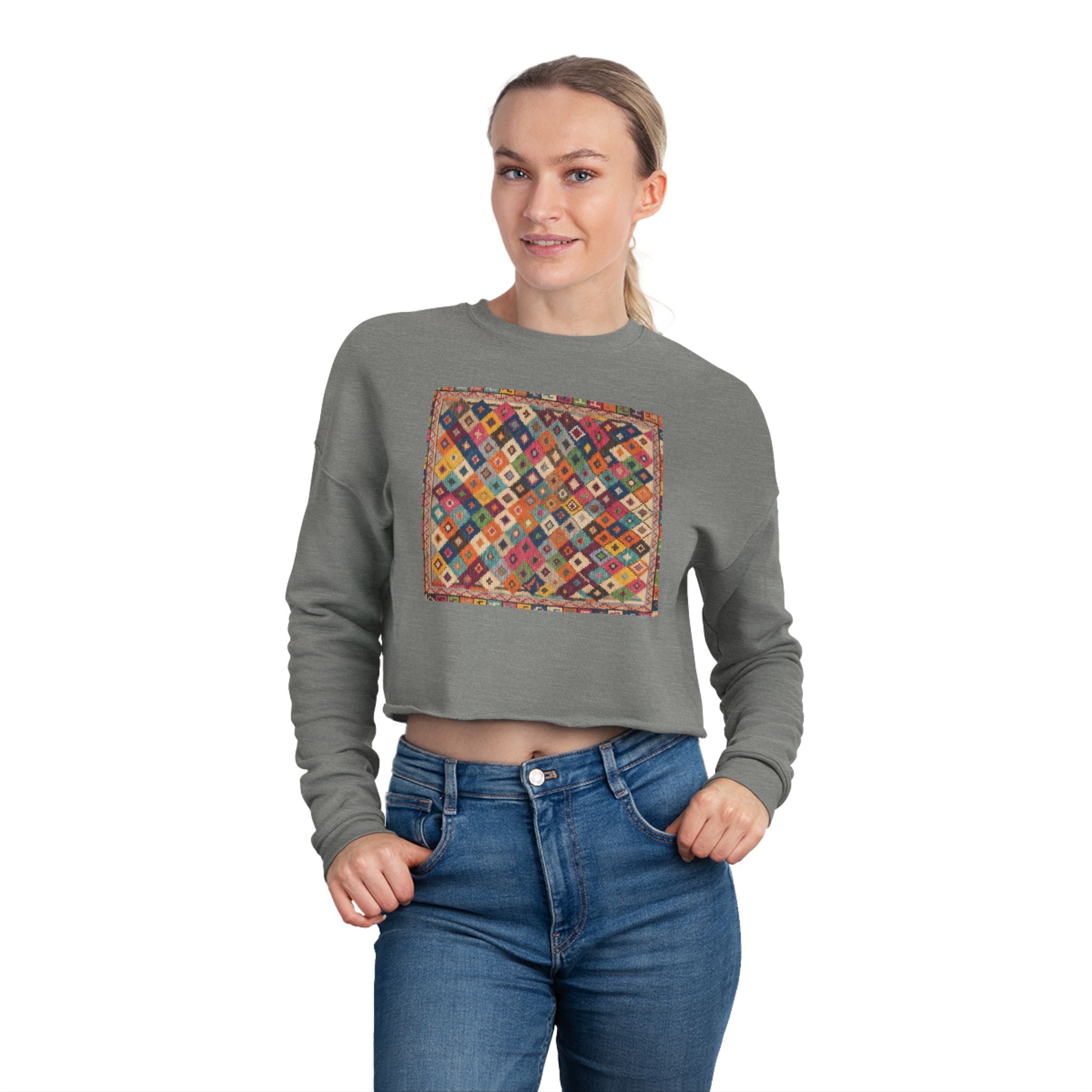 Colorful Patchwork Quilt Cropped Sweatshirt | Boho Geometric Pattern
