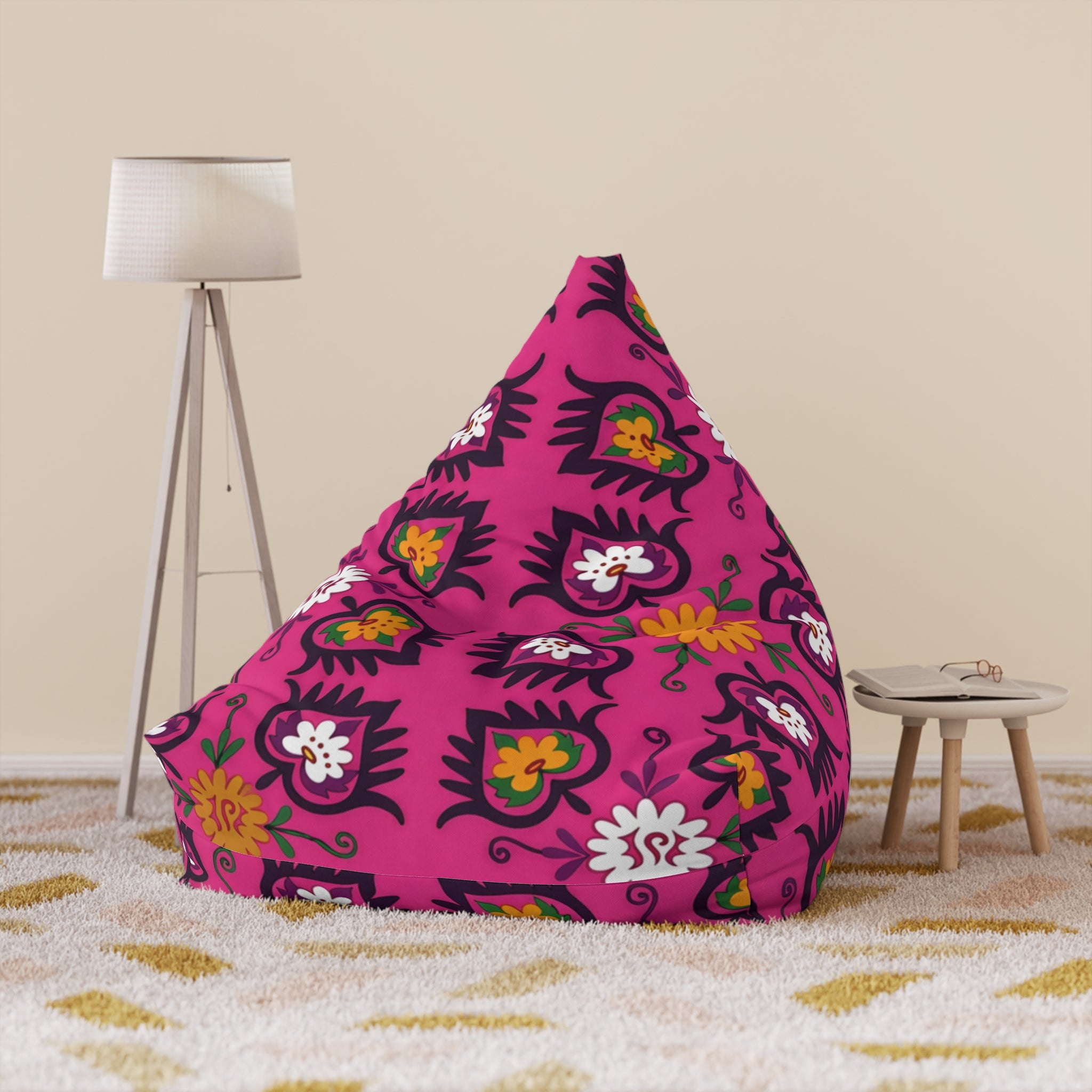 Pink Floral Pattern Bean Bag Chair Cover | Boho Flower Motif