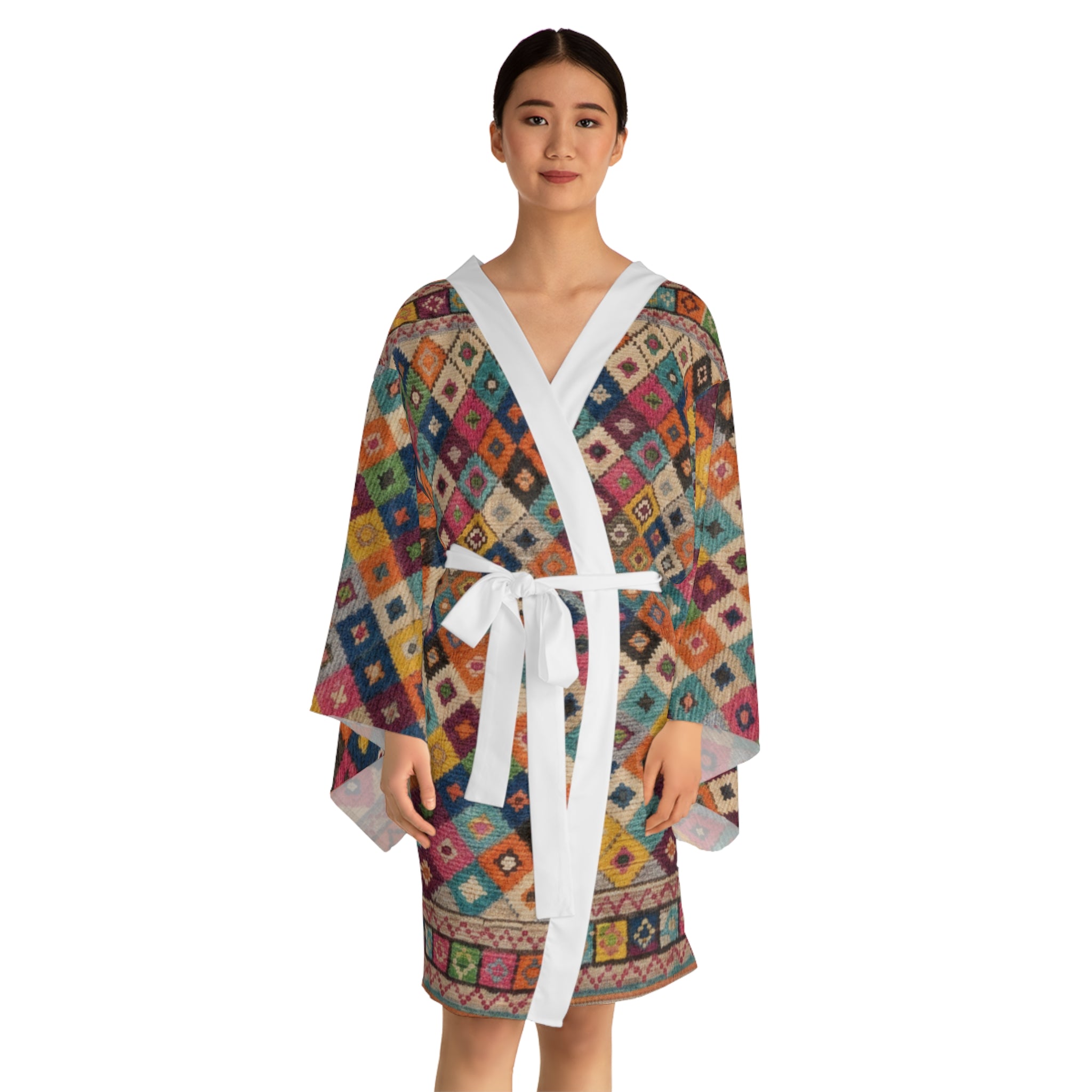 Colorful Geometric Diamond Pattern Kimono Robe | Boho Moroccan Print