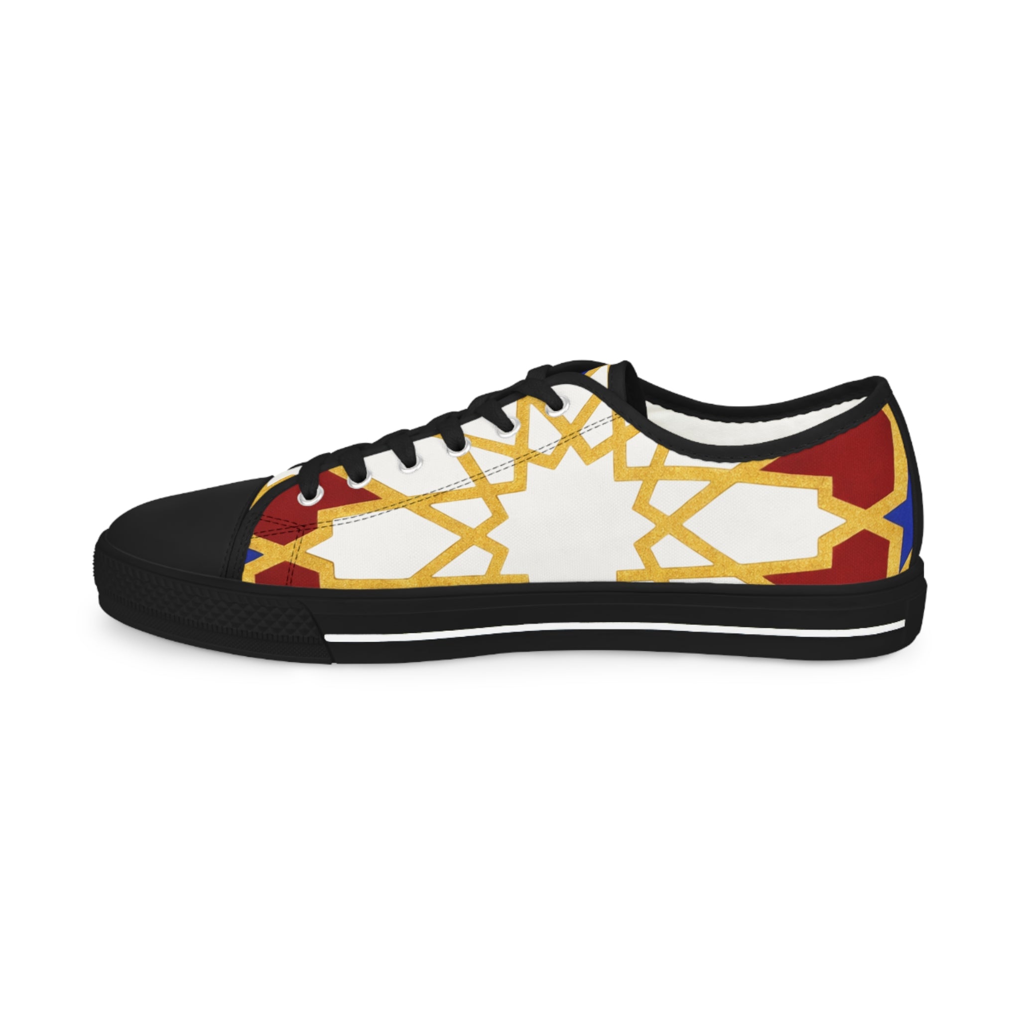 Geometric Starburst Pattern Men's Low Top Sneakers | Gold Red Blue