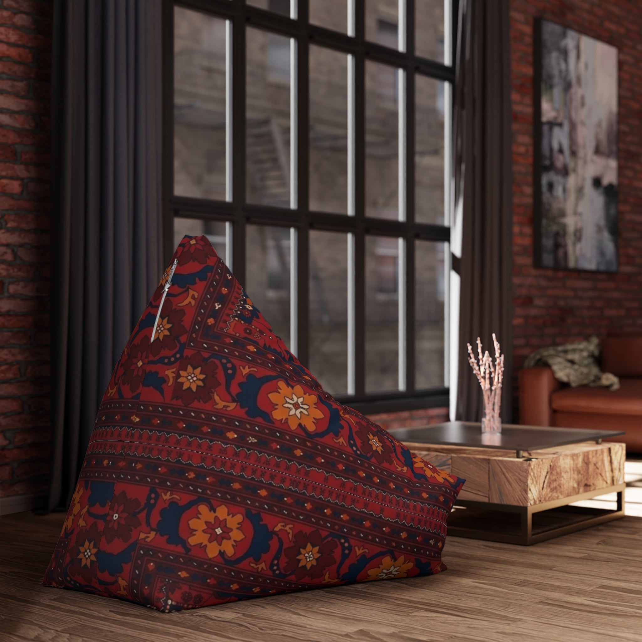 Red Persian Pattern Bean Bag, Boho Kilim Floor Pouf Cover