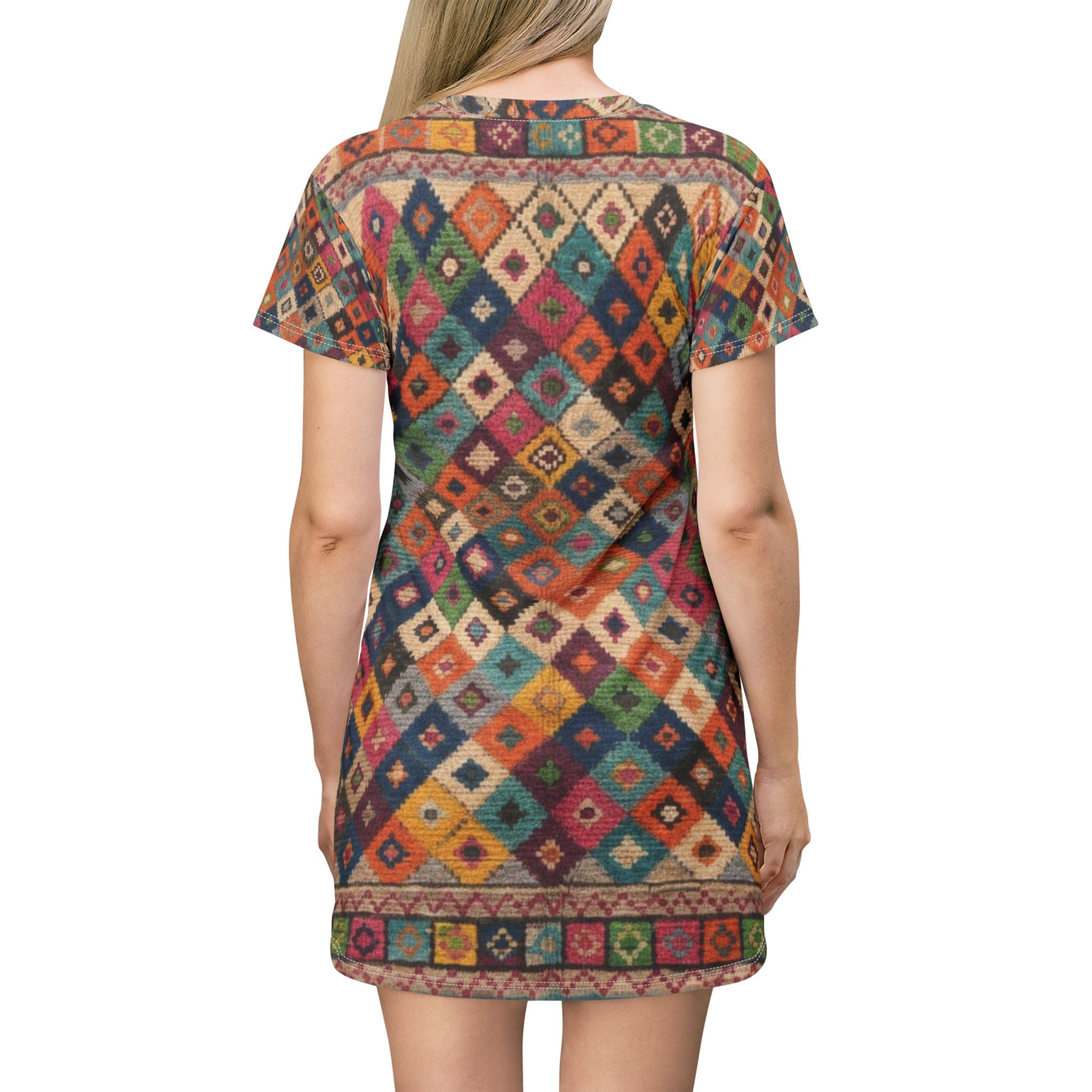 Colorful Kilim Diamond Pattern T-Shirt Dress | Boho Tribal All-Over Print