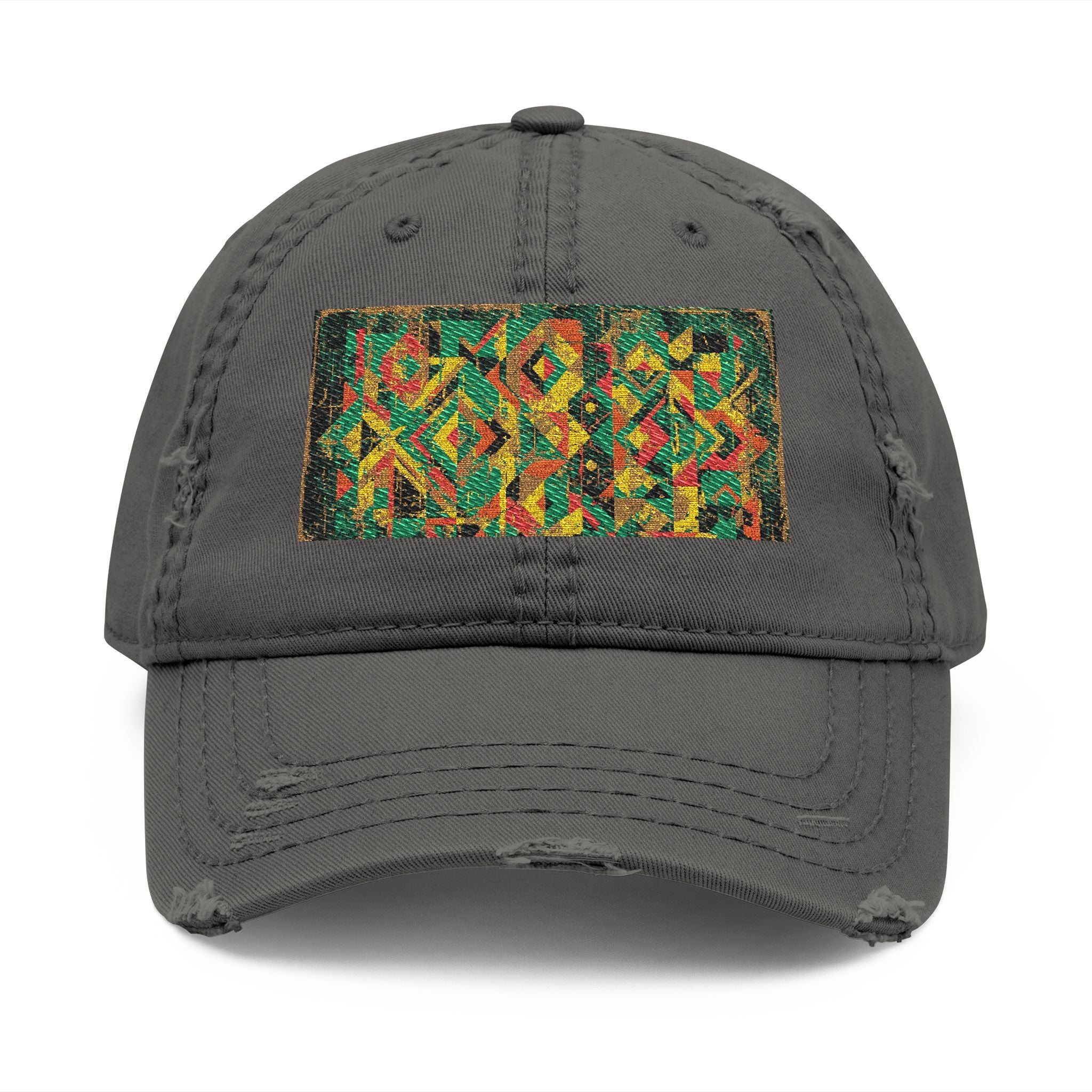 Abstract Colorful Geometric Embroidery Dad Hat | Distressed Patch Cap