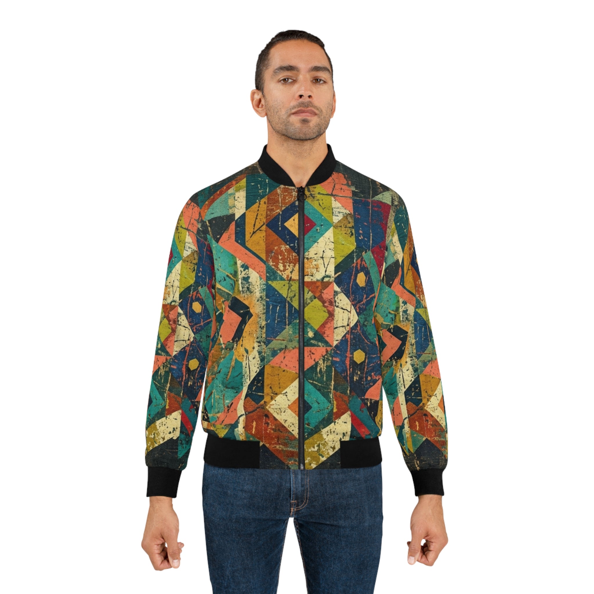 Vintage Geometric Aztec Pattern Bomber Jacket | Colorful Tribal Print