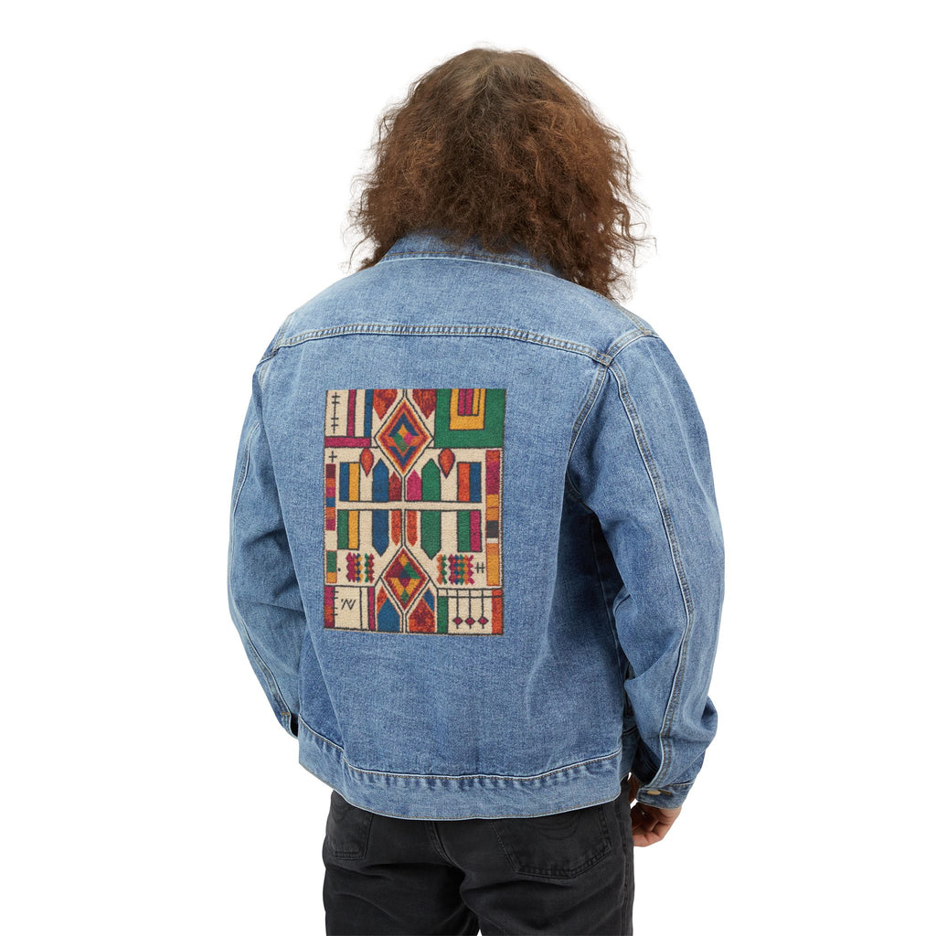 Geometric Kente Pattern Denim Jacket | African Print Back Patch