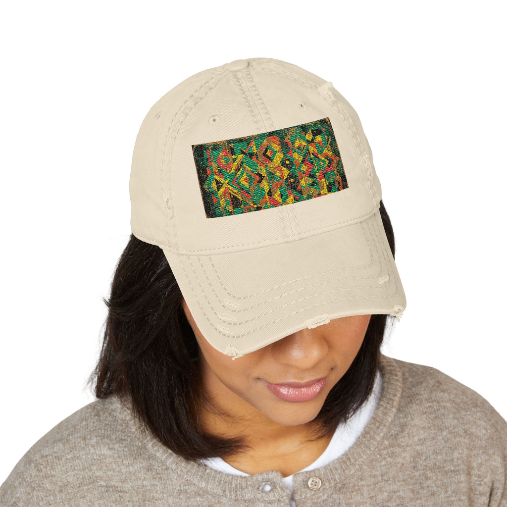 Abstract Colorful Geometric Embroidery Dad Hat | Distressed Patch Cap