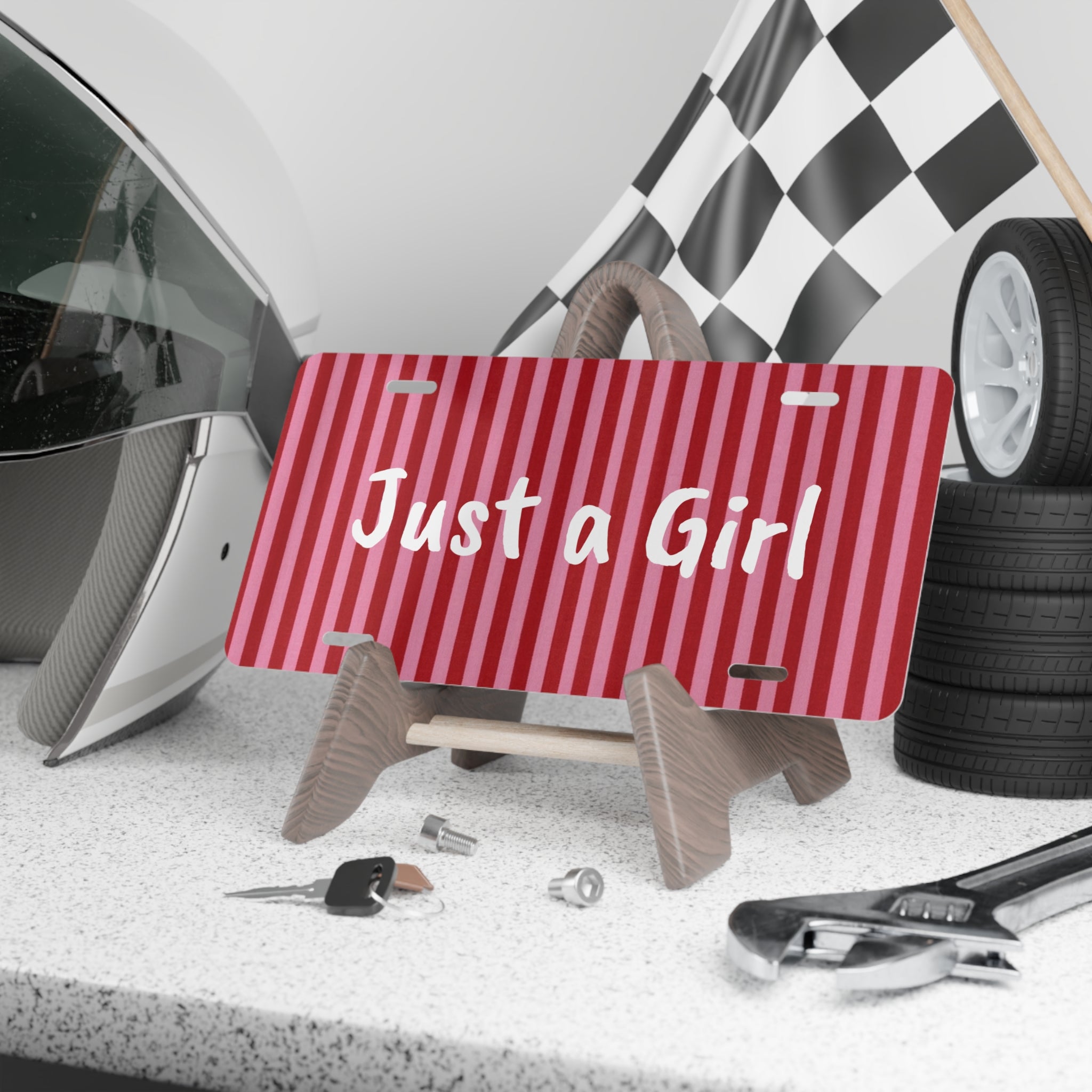 Just a Girl Vanity Plate | Pink Stripe License Plate