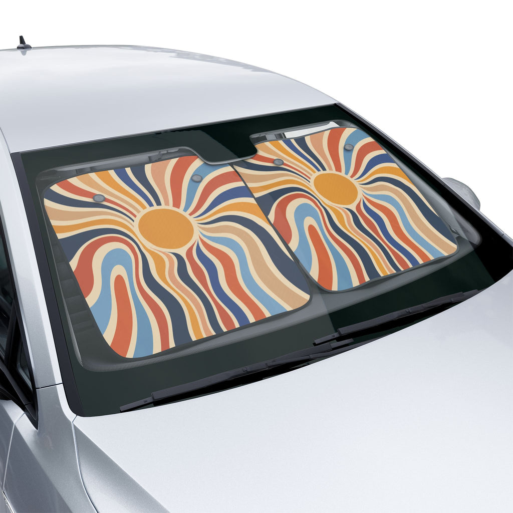 Retro Sunburst Car Sun Shade | Boho Waves Windshield Cover
