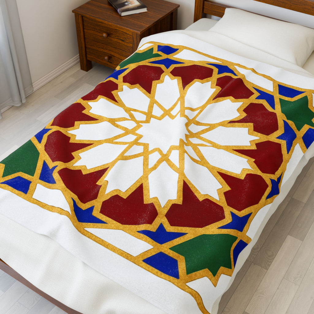 Geometric Moroccan Tile Velveteen Plush Blanket | Starburst Pattern