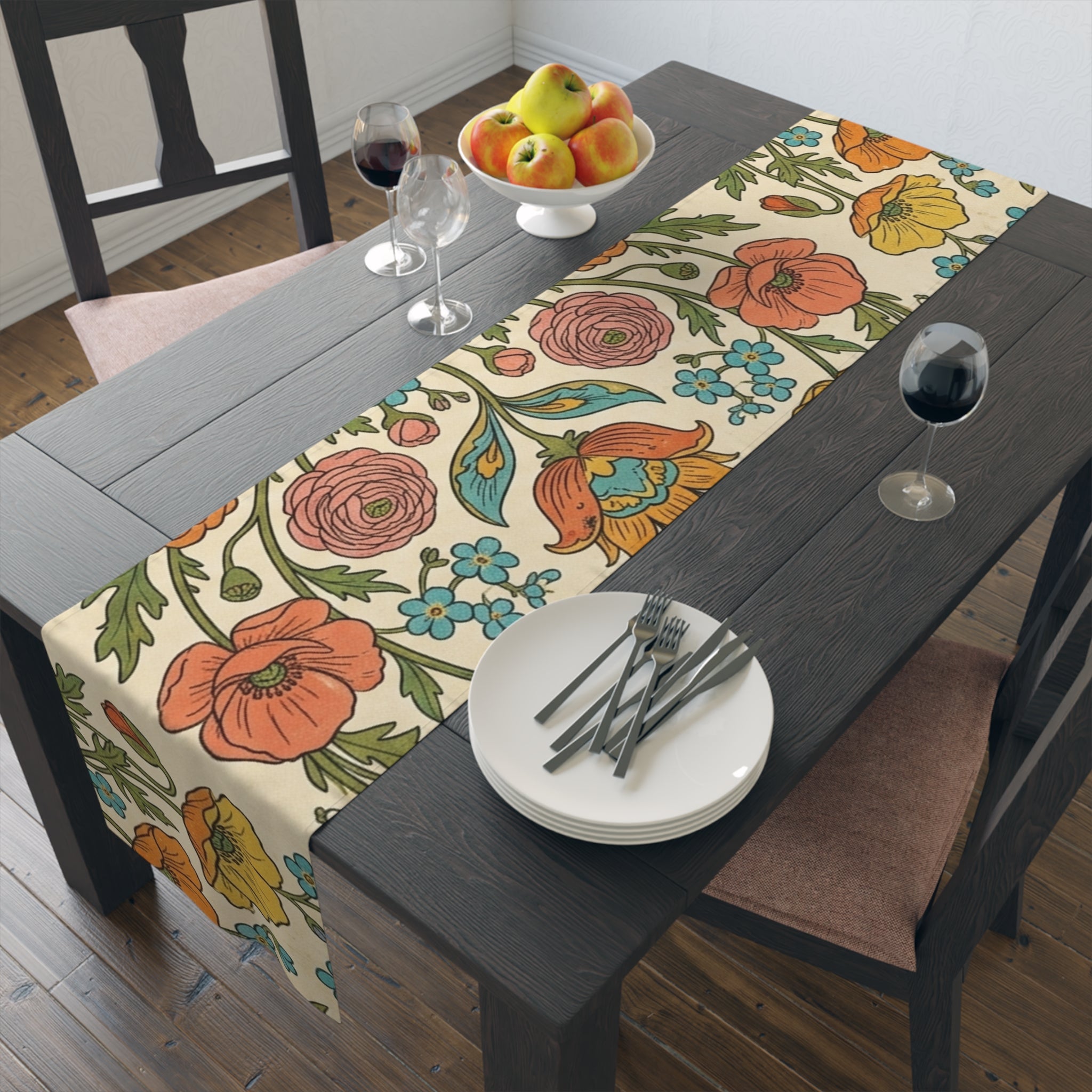 Vintage Floral Spring Table Runner | Poppy & Rose Botanical Design