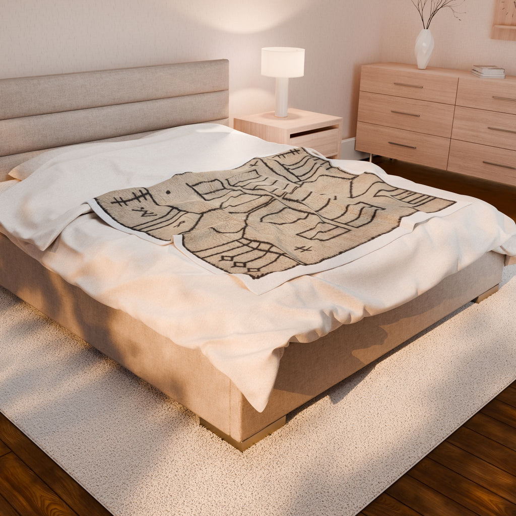 Neutral Geometric Tribal Pattern Velveteen Plush Blanket | Boho Minimalist Throw